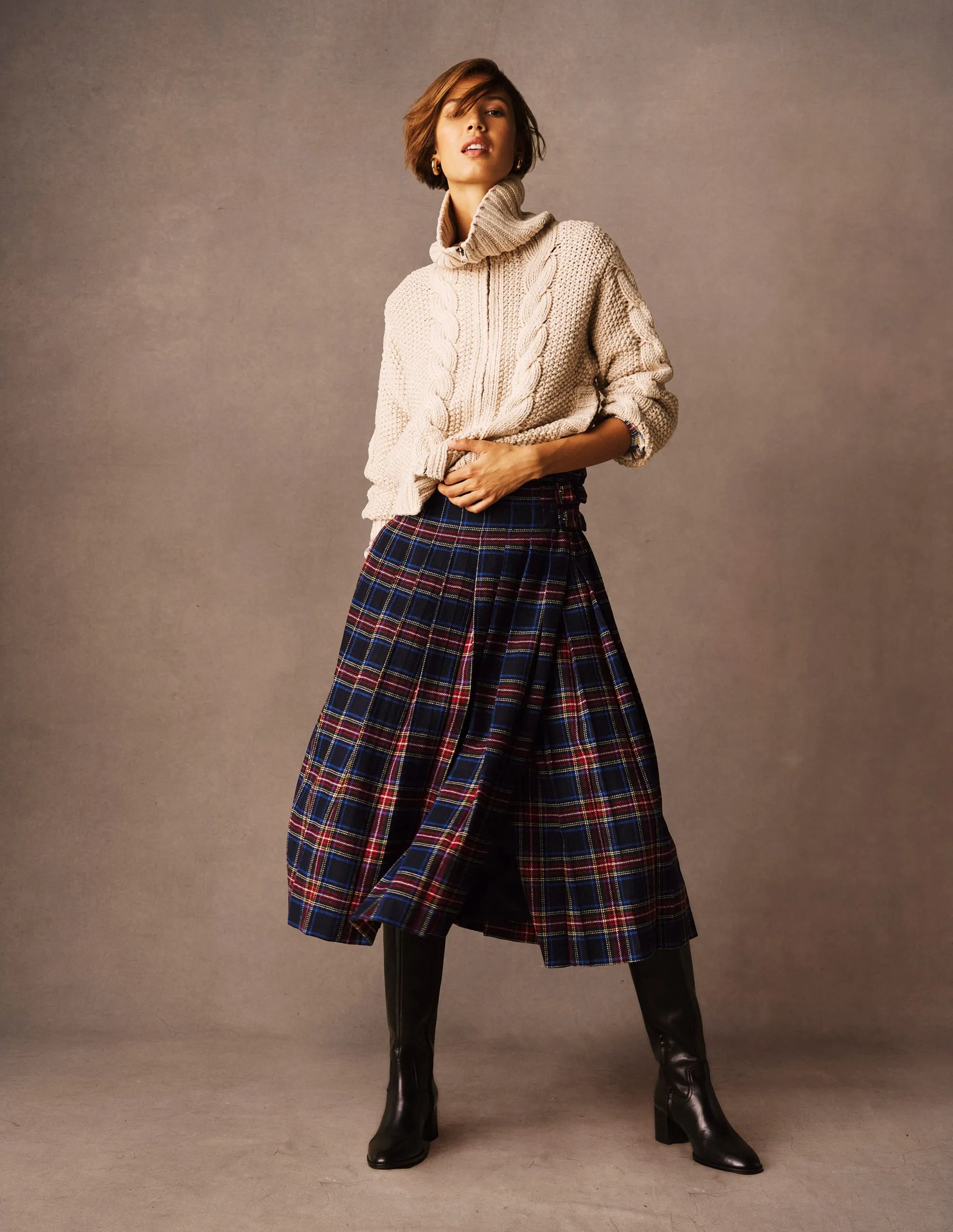 Josephine Wool Kilt Skirt-Navy, Green and Red Check Key Feature