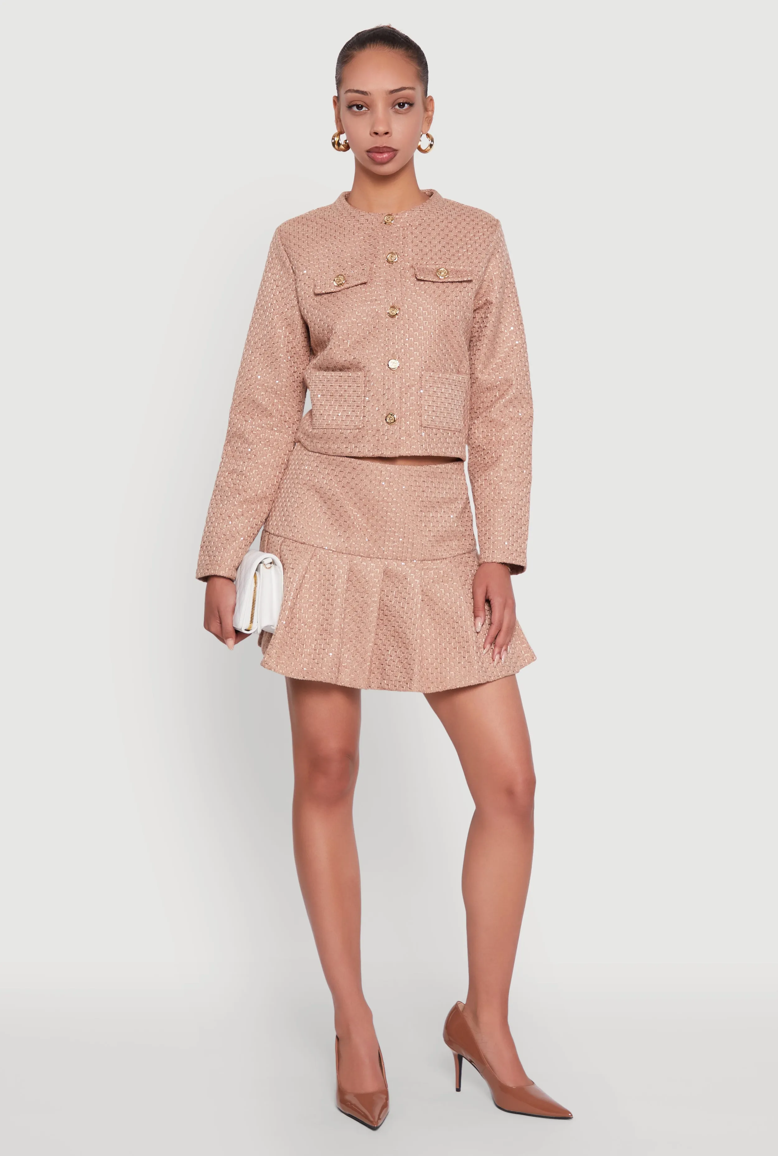 Tweed Pleated Mini Skirt Matte Finish