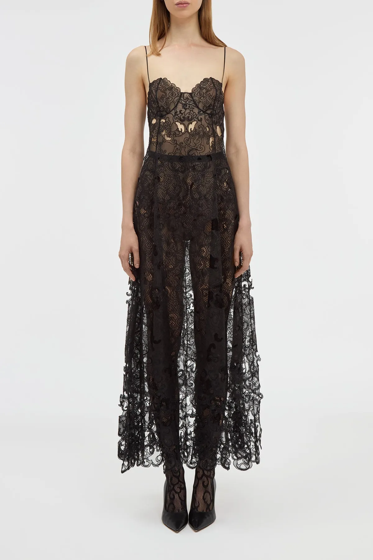 Rich Tone Luma Slip Midi Dress in Black Silk Organza Lace