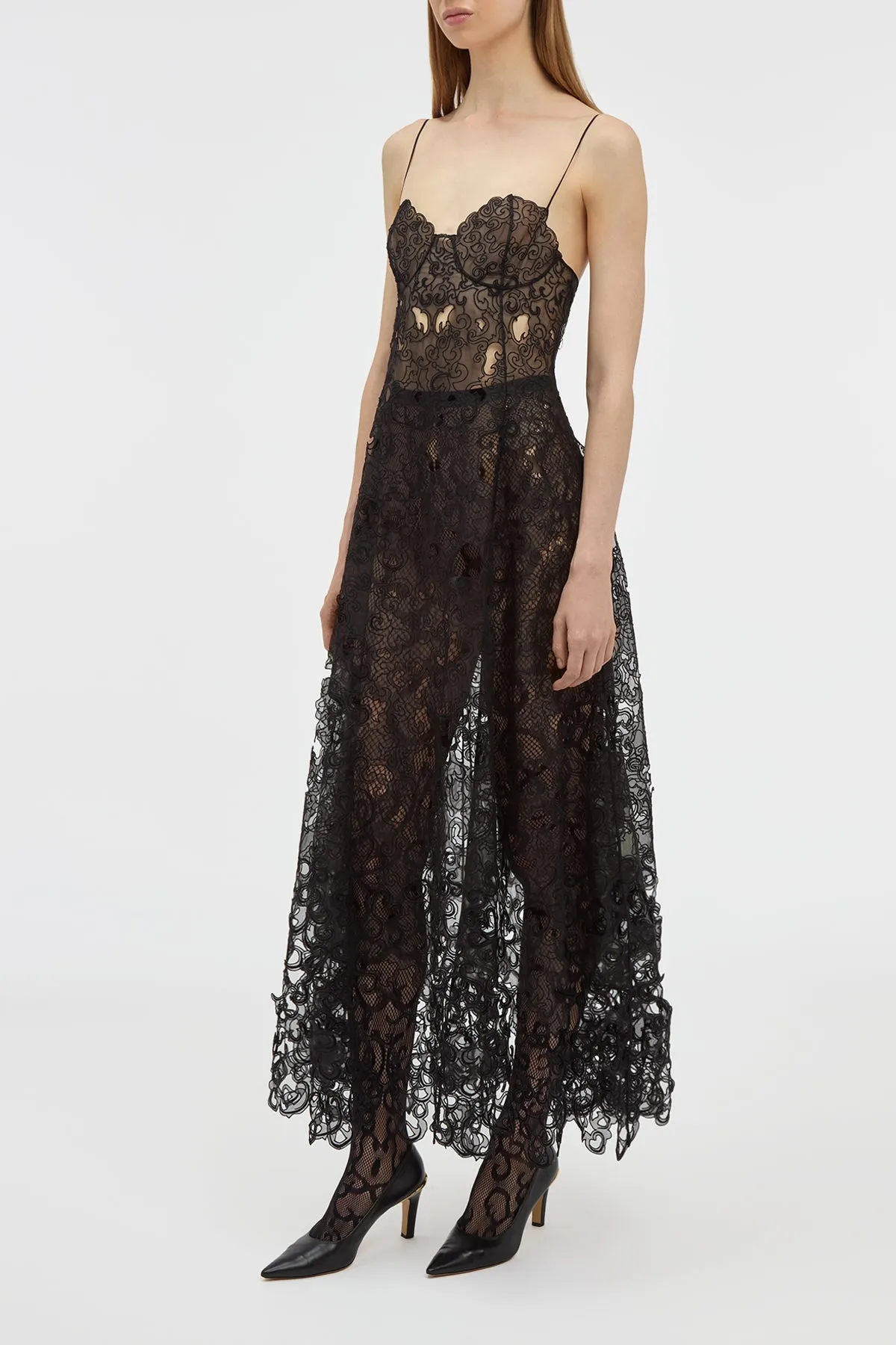 Luma Slip Midi Dress in Black Silk Organza Lace Sustainable Base Stone Glow