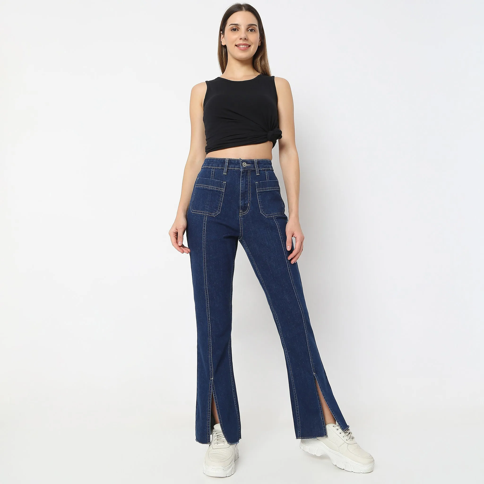 Solid Full-Length Bootcut High Rise Jeans With Patch Pocket & Front Slit Joy Mood SmoothInnerLining