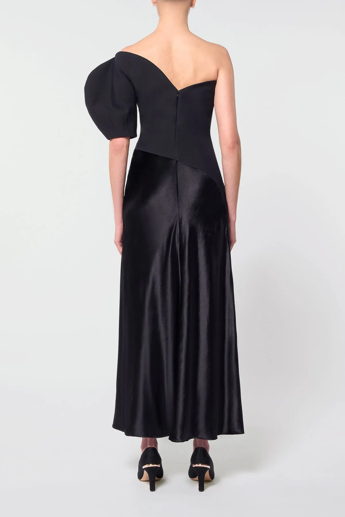 TearResistant Fabric Giulia Maxi Dress in Black Wool Silk Cady & Silk Velvet