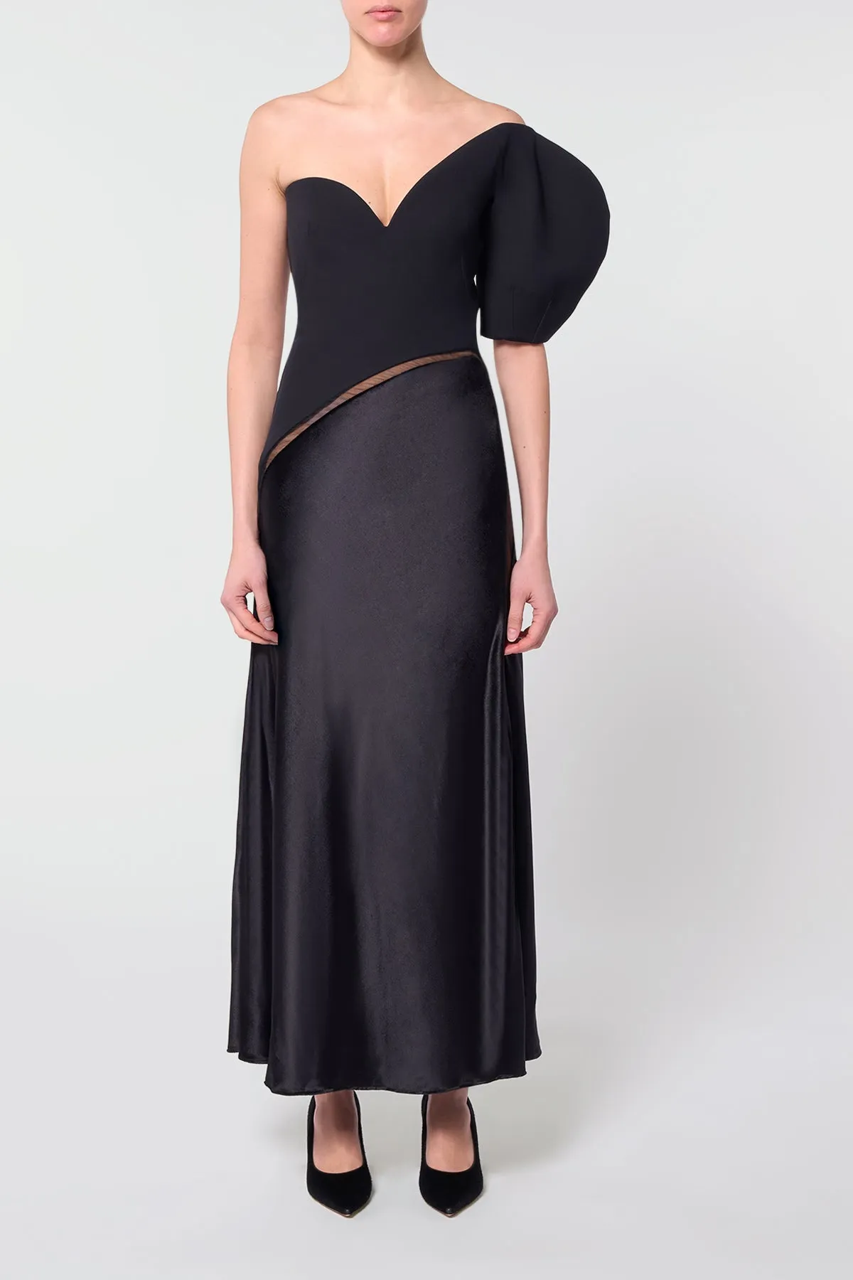 Giulia Maxi Dress in Black Wool Silk Cady & Silk Velvet FlexibleCuff Brave Fit