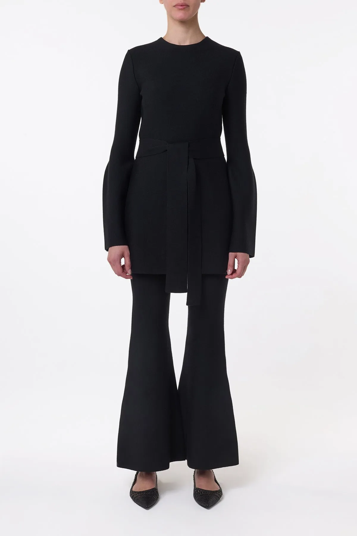 Stretchable Waistband Tenas Knit Mini Dress in Black Merino Wool Cashmere