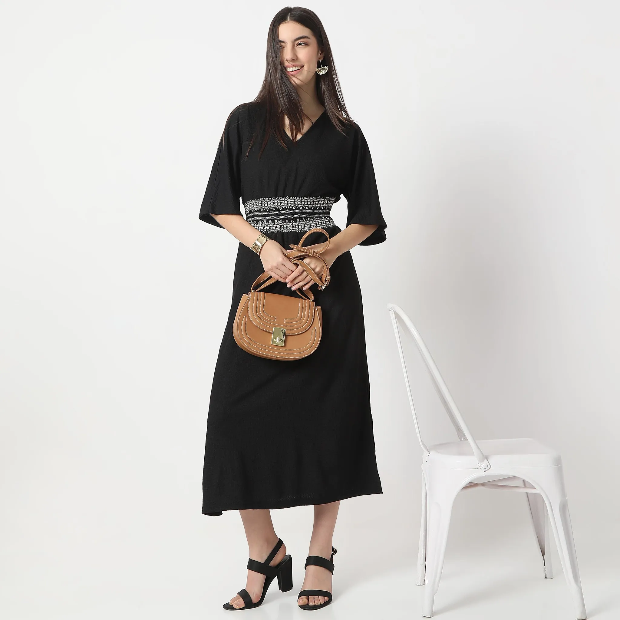 Breathable mesh lining Flare Fit Structured Calf Length V-Neck Short Sleeve Dress
