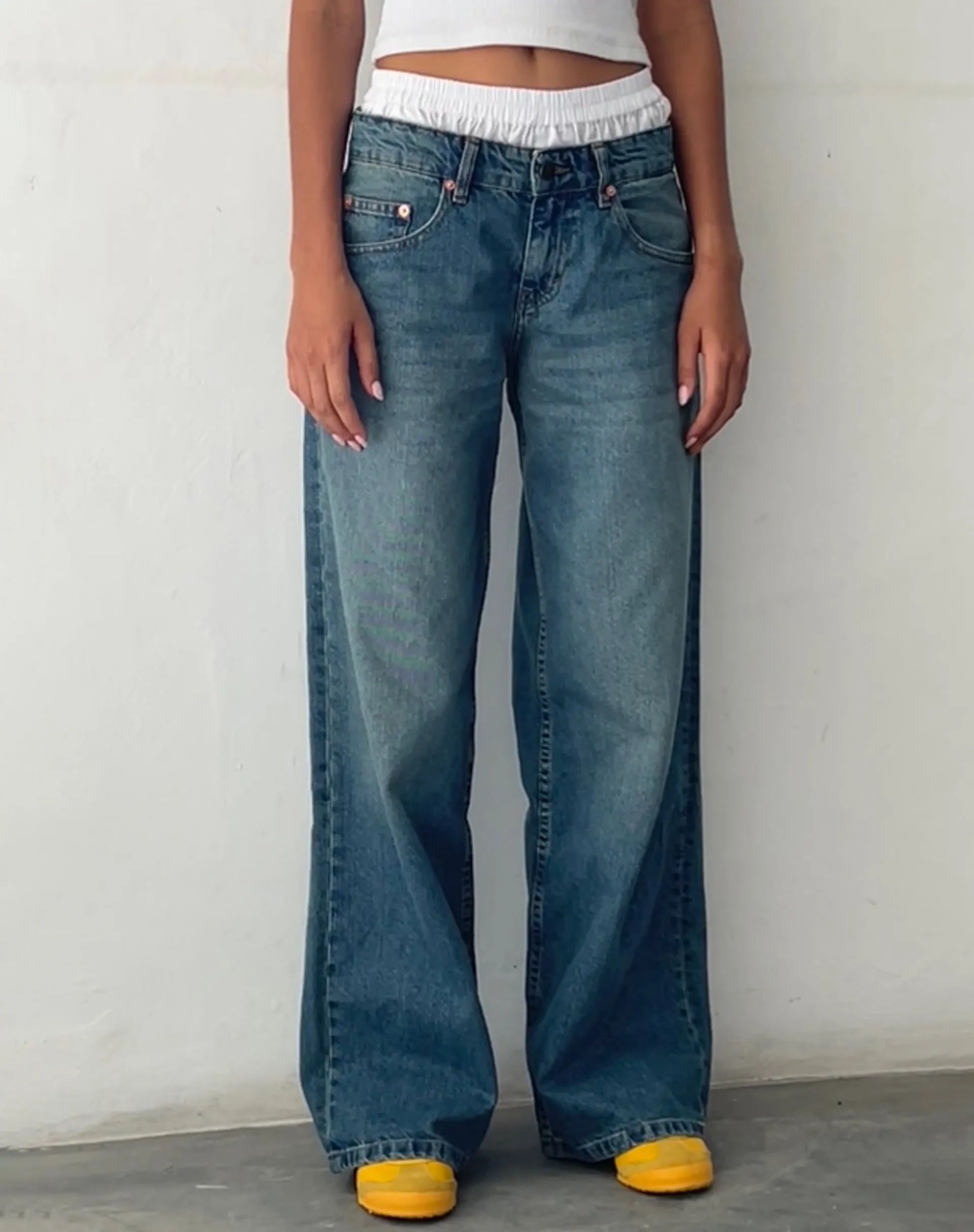 Roomy Extra Wide Low Rise Jeans in Vintage Blue Green Stretch Fit