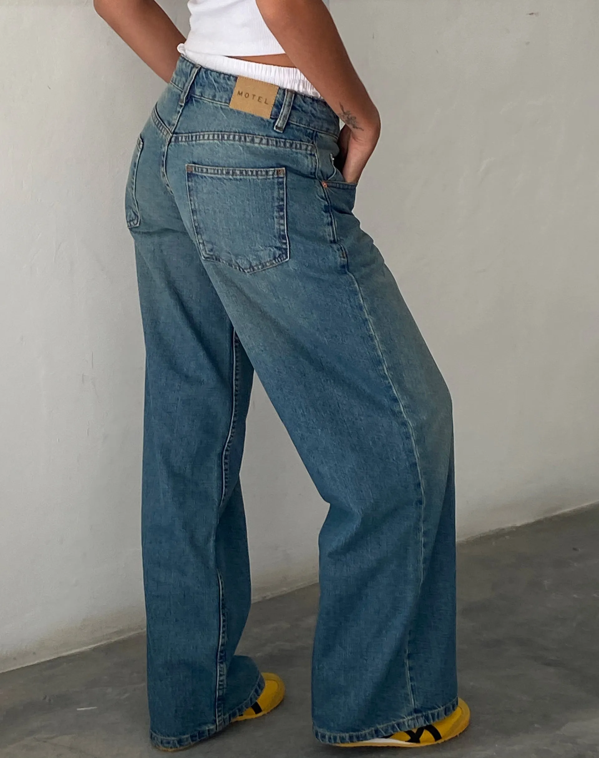 Easy Wash Seamless Sleeve Construction Roomy Extra Wide Low Rise Jeans in Vintage Blue Green