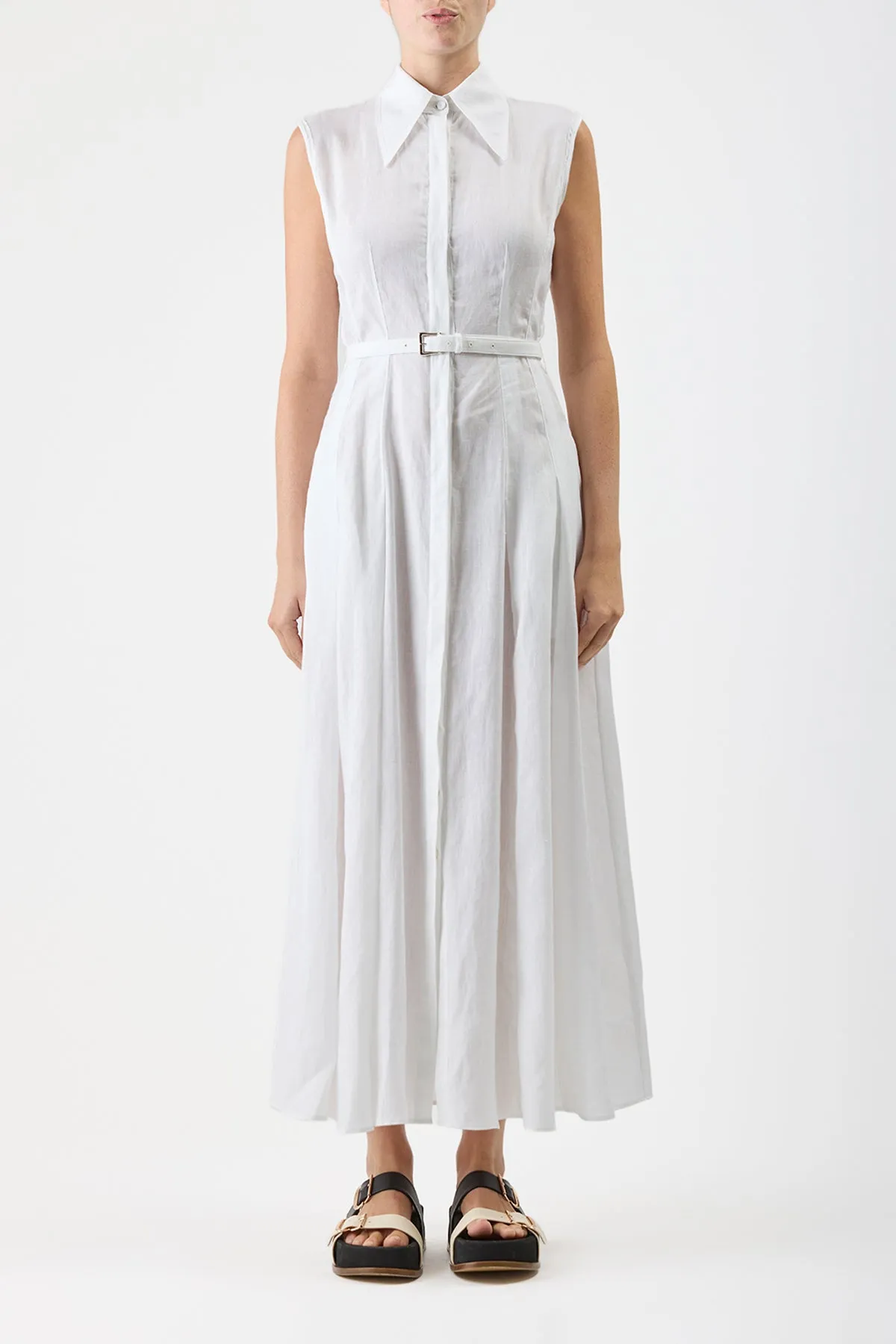 Metal Core Durand Pleated Maxi Shirtdress in White Aloe Linen