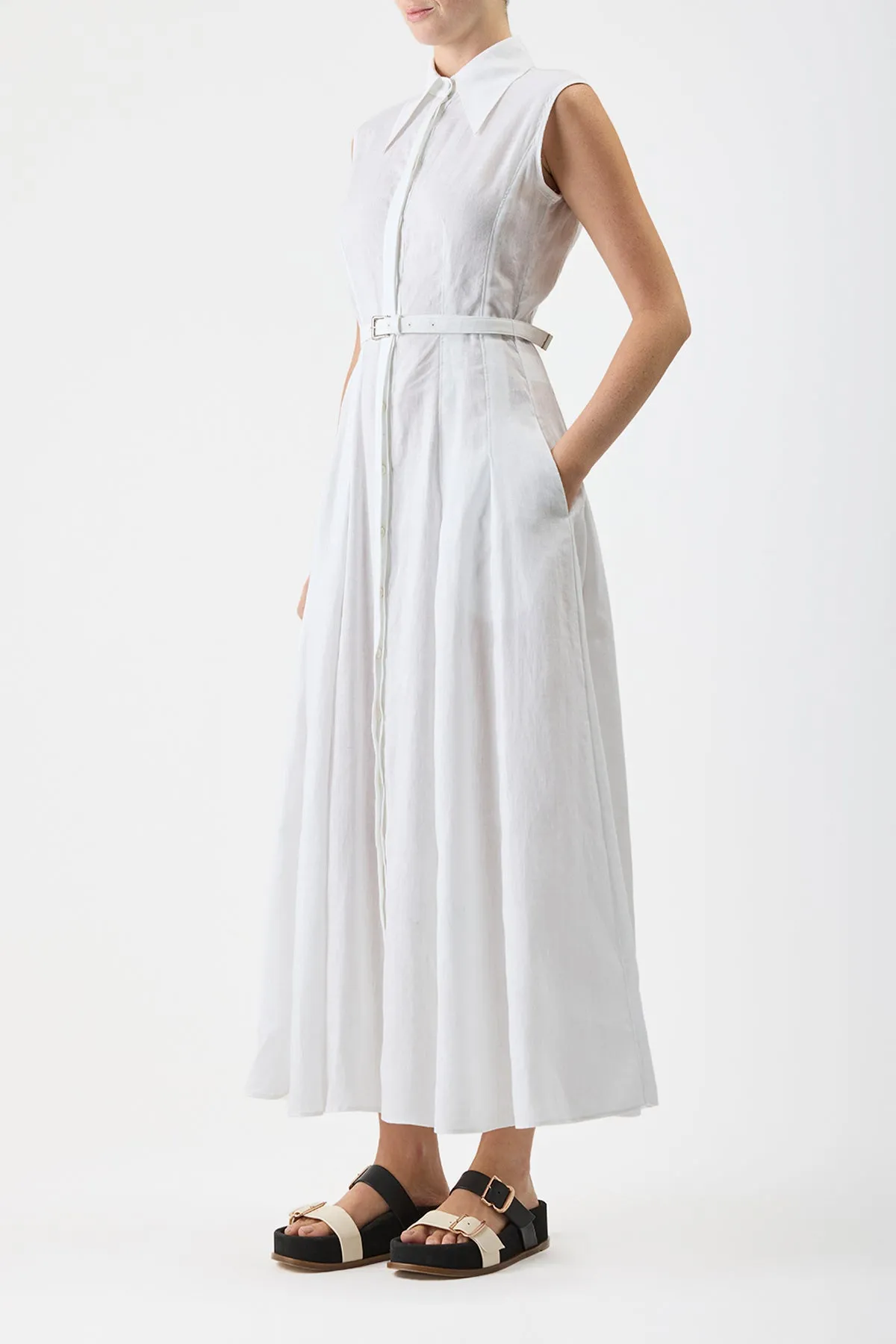 Durand Pleated Maxi Shirtdress in White Aloe Linen CompressionEnhanced