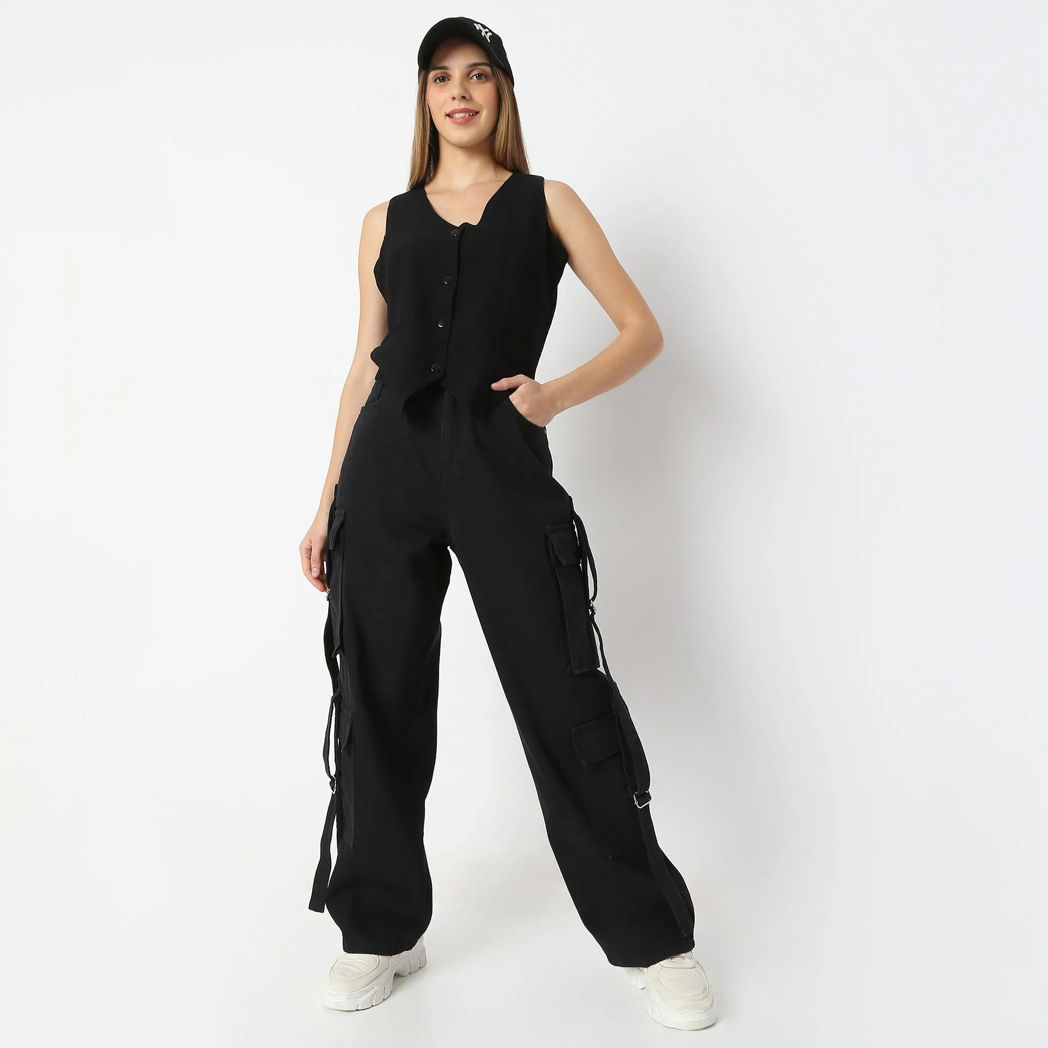 Solid Full-Length High-Waist Utility Crago With Street Look Flare Jeans EasyCareMaterial