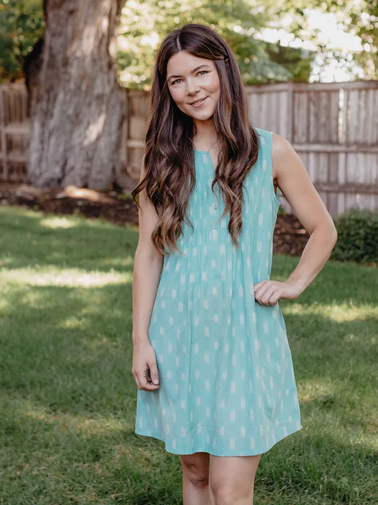 DoubleLayered Structure slow life Pintucked Away Dress - Aqua Ikat