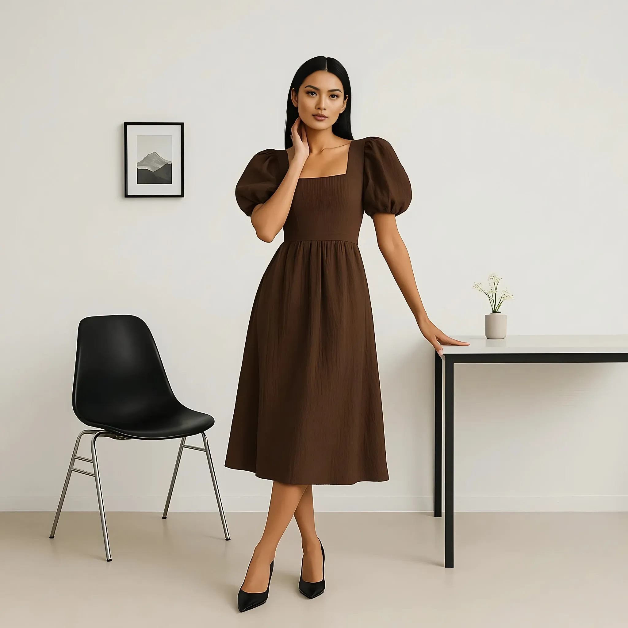 FlatlockSeaming Puff Sleeve Structured Dress