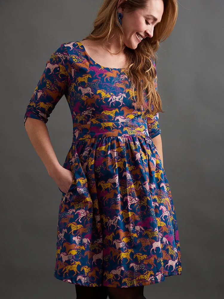 Serephina Dress - Blue Horses Glitter Glow