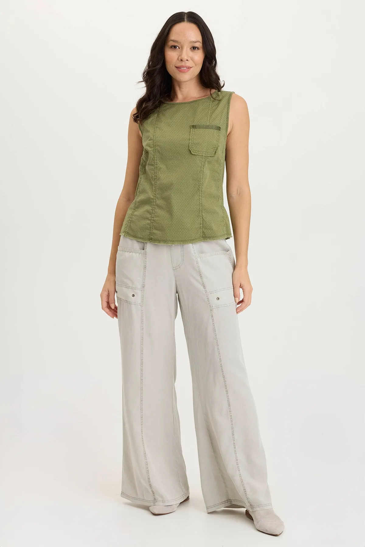 Peace Glow Landis Peforated Poplin   Jersey Pocket Tank