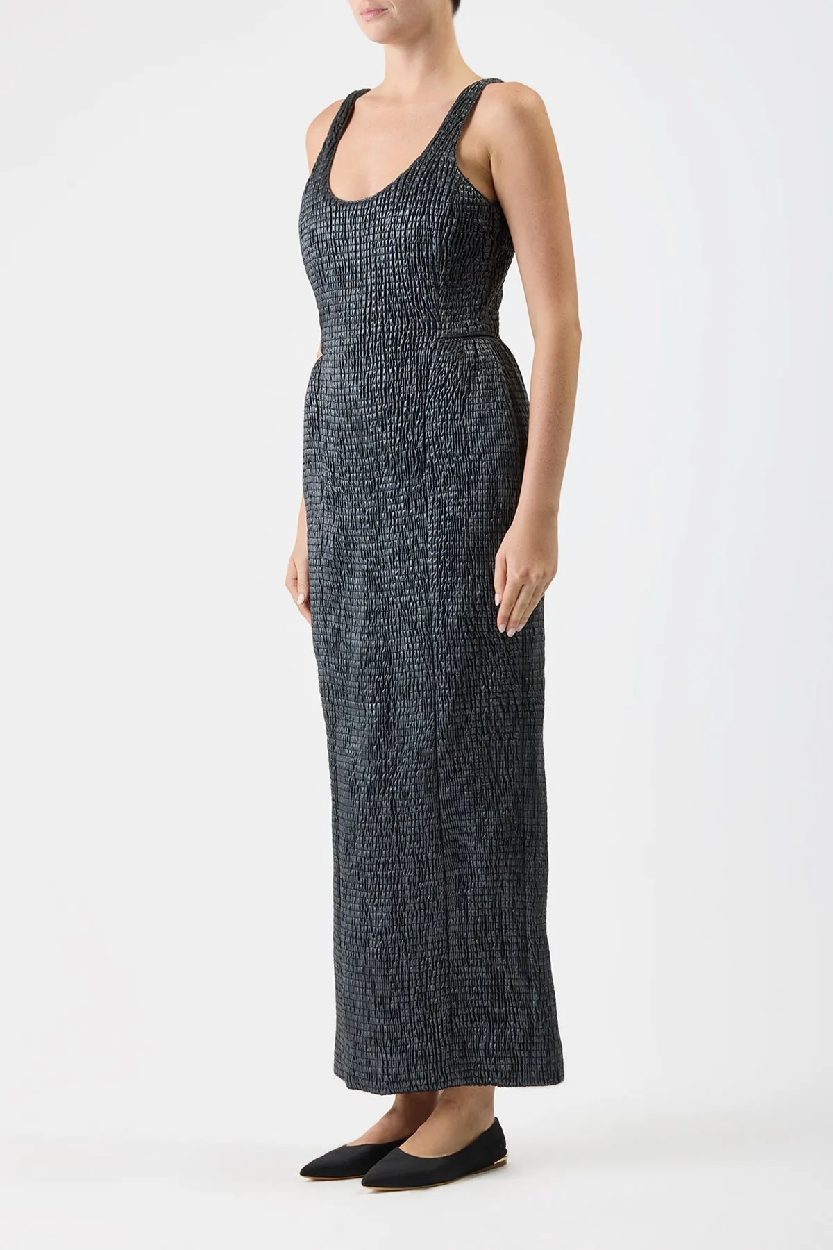 Girard Shirred Maxi Dress with Lining in Black Pearlized Nappa Leather Fire Core Aura Core