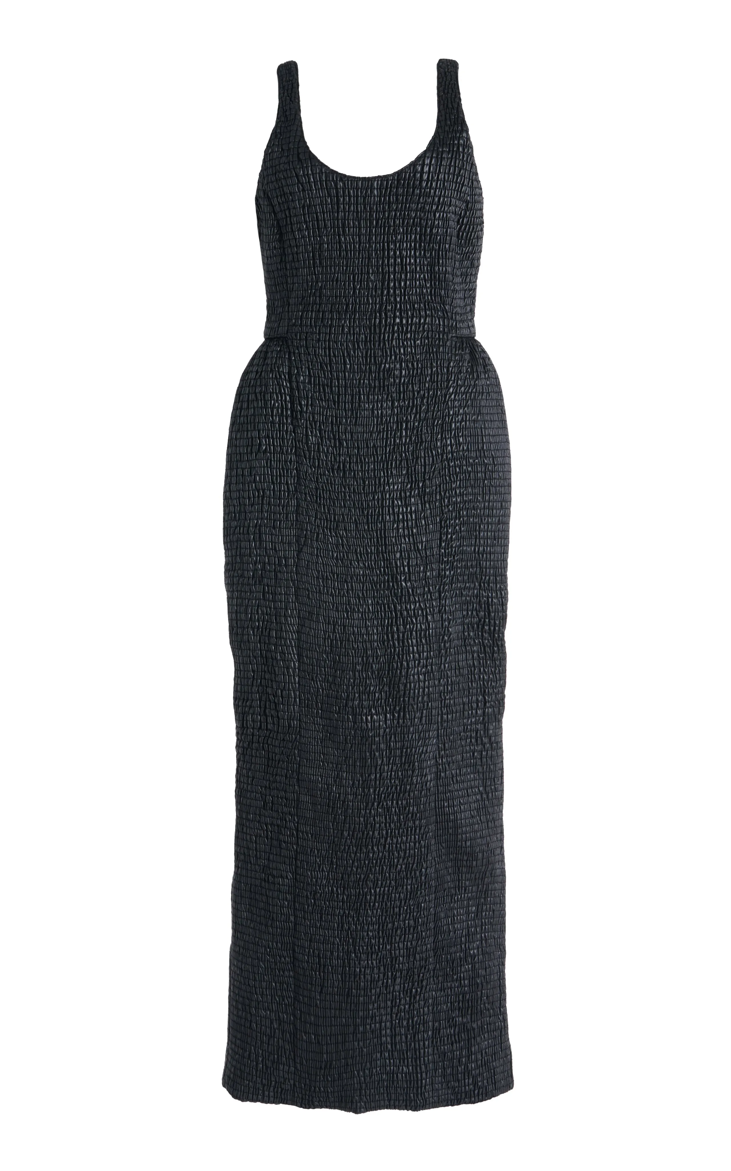 Earth Fit Girard Shirred Maxi Dress with Lining in Black Pearlized Nappa Leather