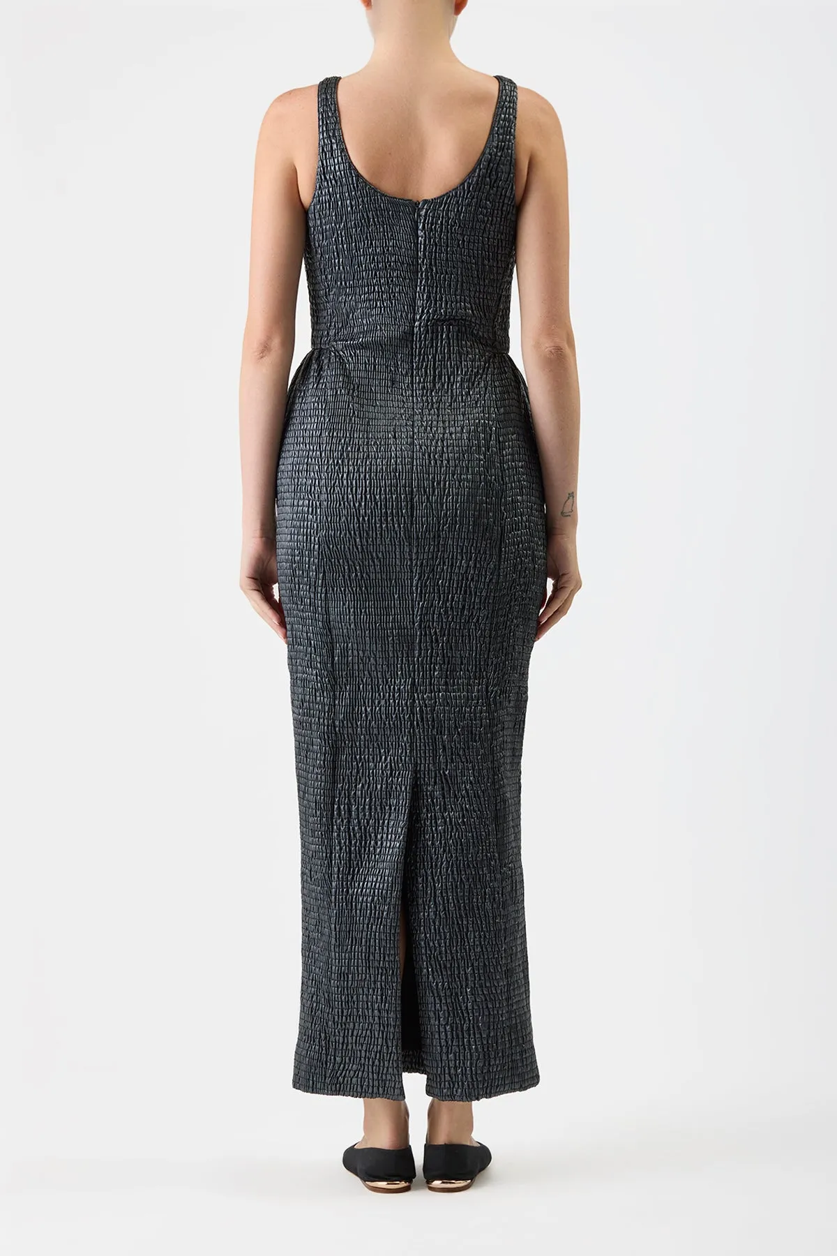PillingResistant Girard Shirred Maxi Dress with Lining in Black Pearlized Nappa Leather