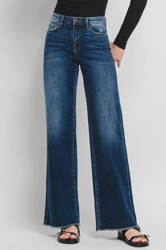 Flying Monkey High Rise Wide Leg Distressed Hem Jeans Windproof Fabric