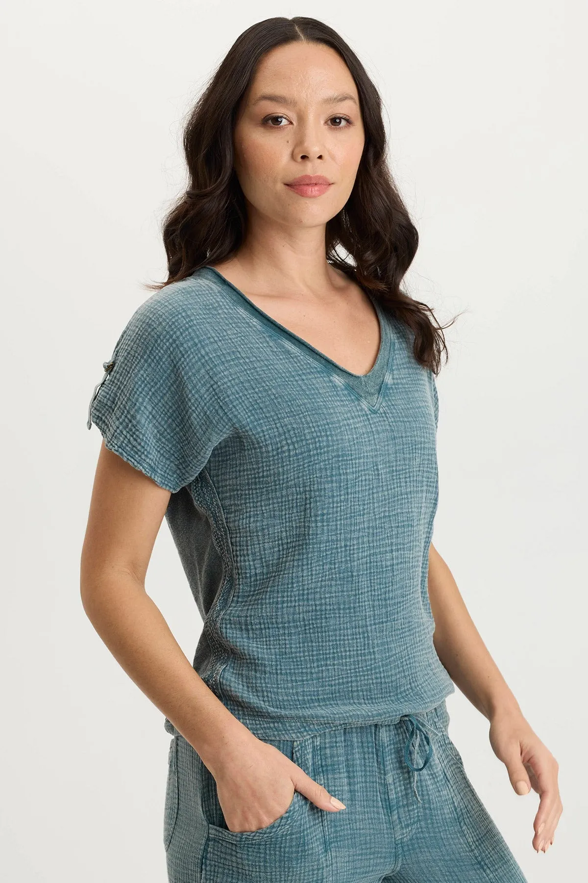 Bower Gauze/Jersey Tabbed-Sleeve Bubble-Hem V-Neck Tee DurableStitching
