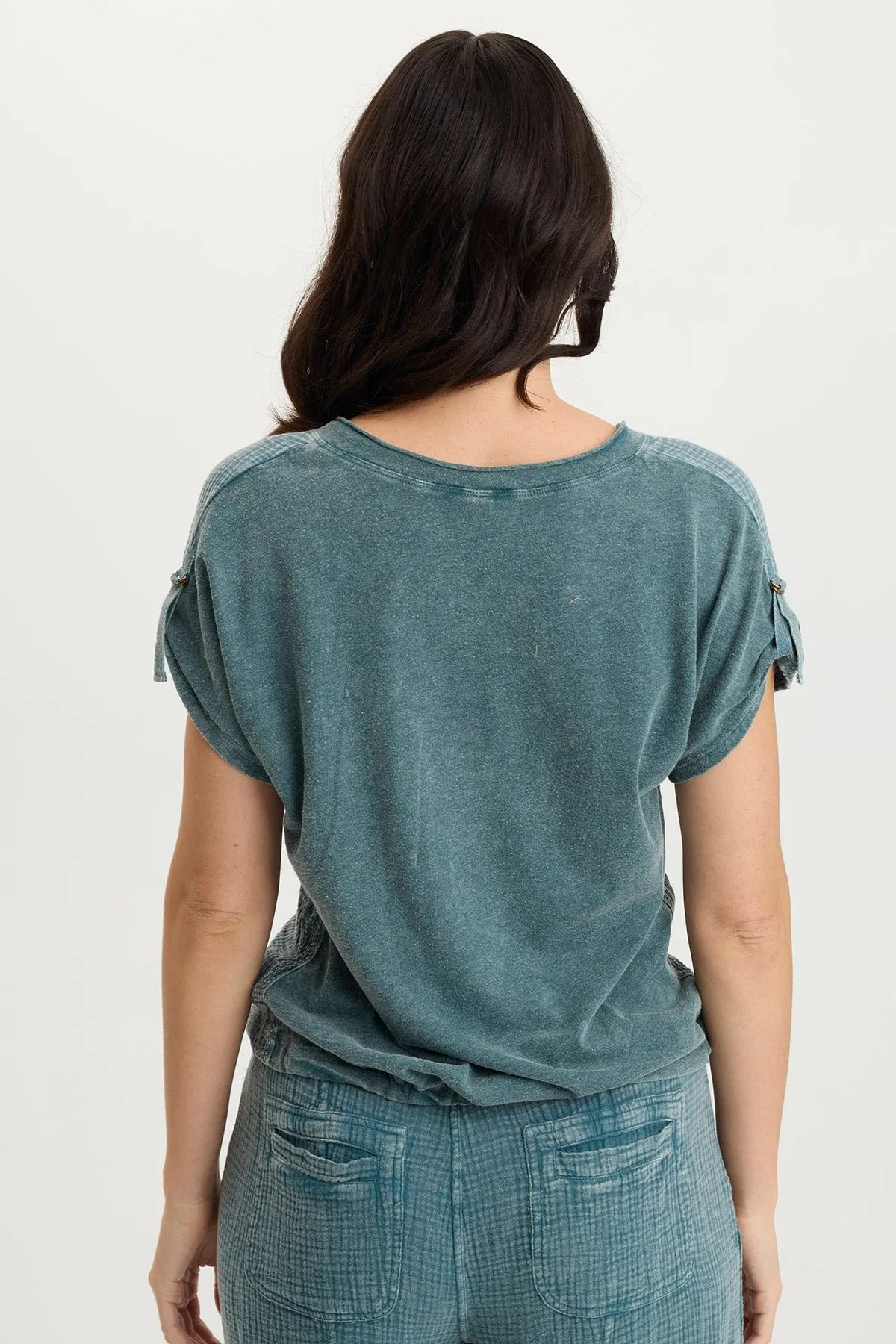 Bower Gauze/Jersey Tabbed-Sleeve Bubble-Hem V-Neck Tee OdorResistantFabric Joyful Mood