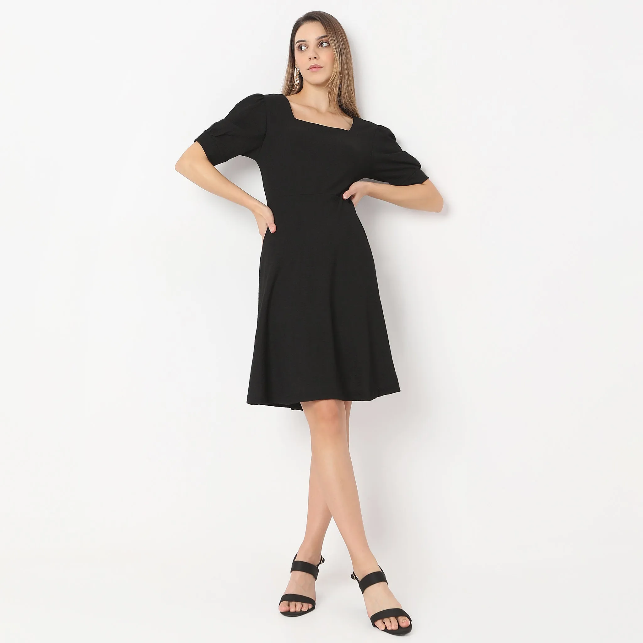 Vision Glow Balance Core Flare Fit Knee Length Square Neck Short Sleeve Dress