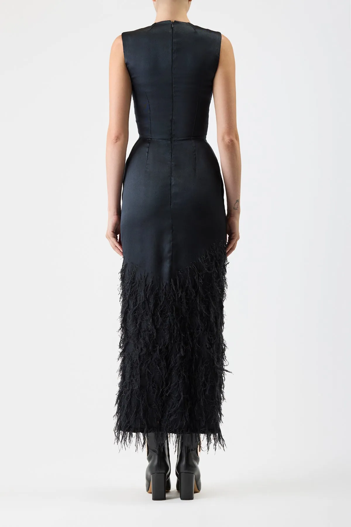 Maslow Feather Maxi Dress in Black Silk Satin WaterResistant Coating