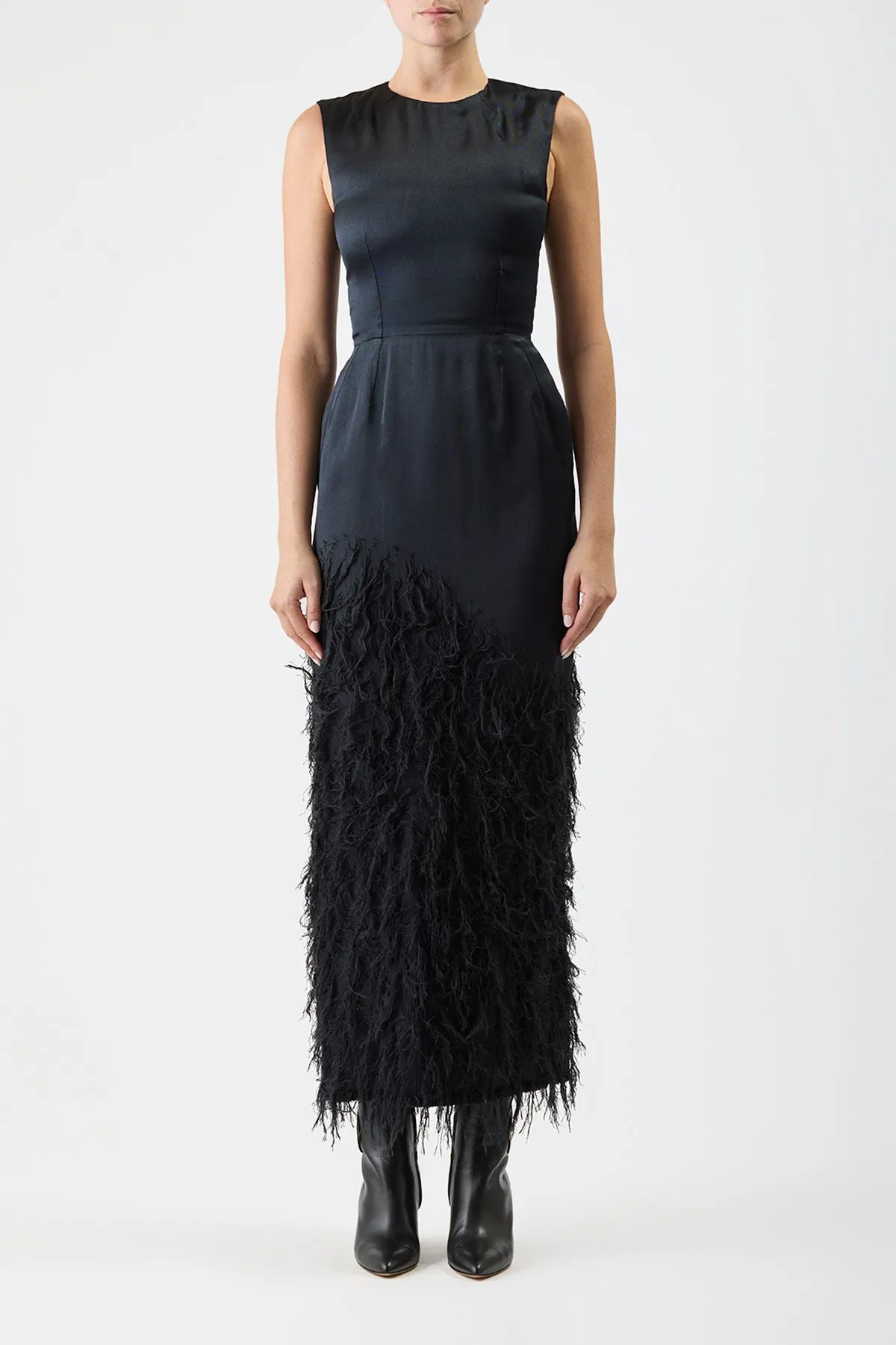 Maslow Feather Maxi Dress in Black Silk Satin Screen Core Collapsible Hood
