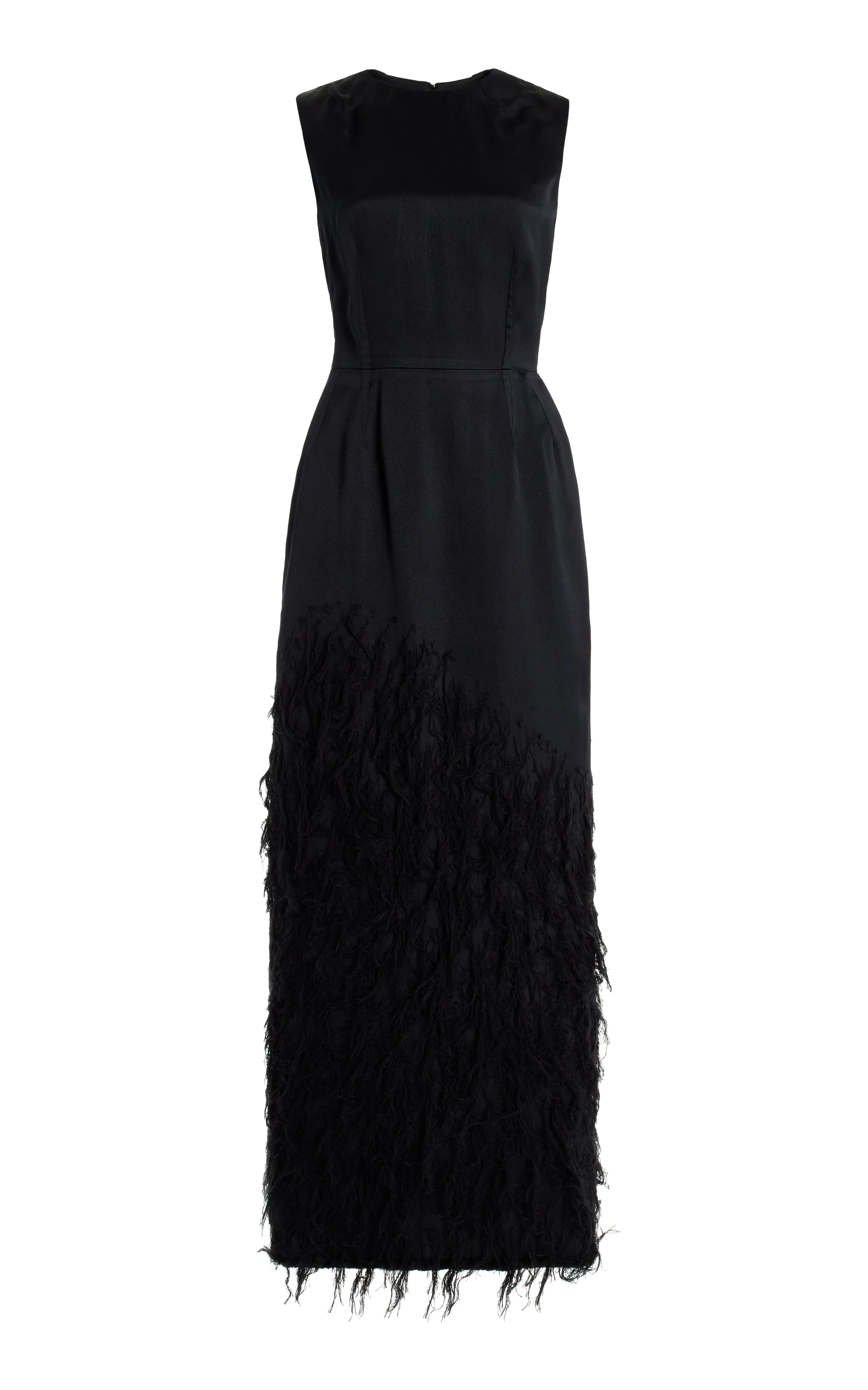 Elite Vibe Urban Cool Maslow Feather Maxi Dress in Black Silk Satin