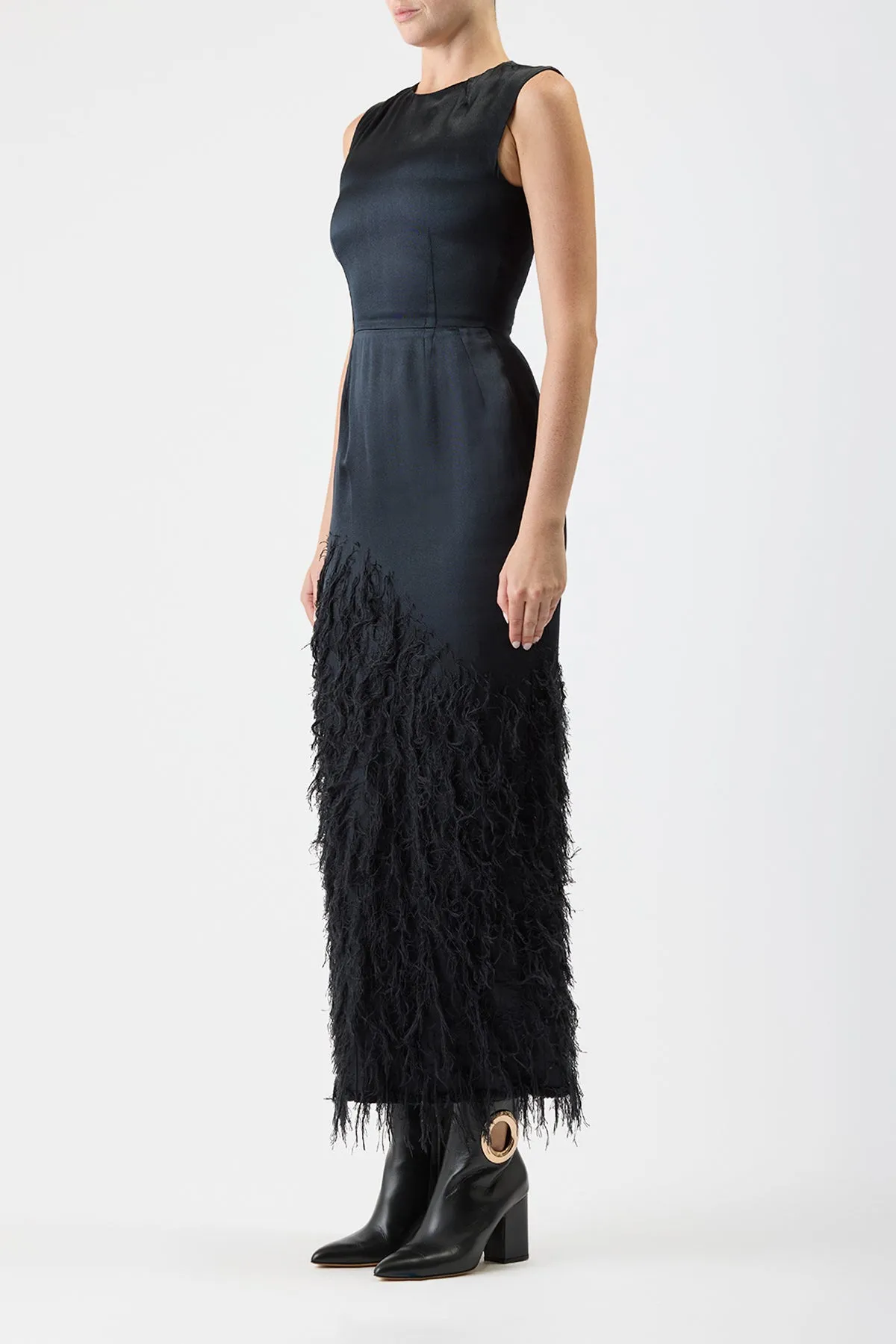 Cloud Core Maslow Feather Maxi Dress in Black Silk Satin