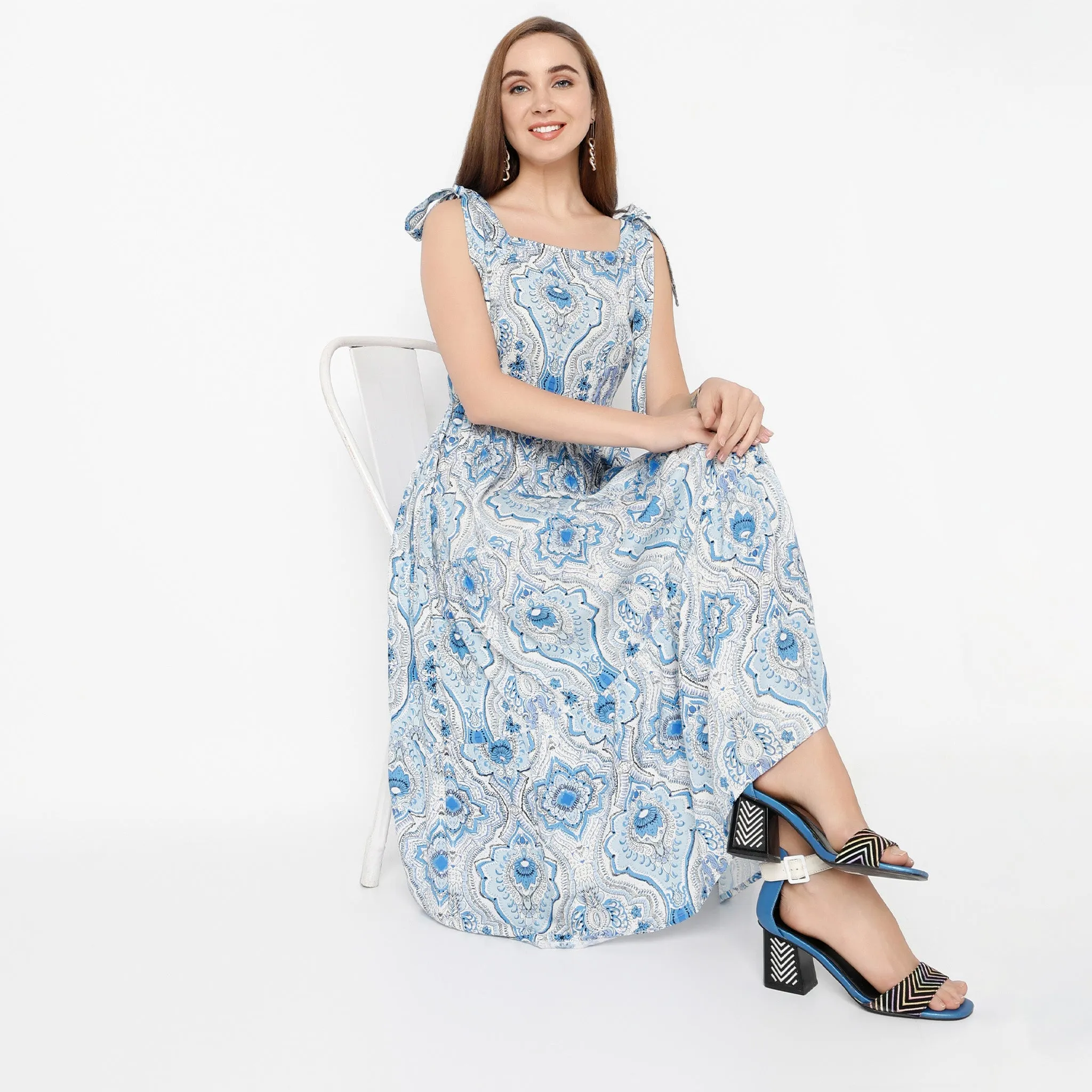 TactileStitching OdorControlTech Square Neck Calf Length Flare Fit Printed Strap Dress