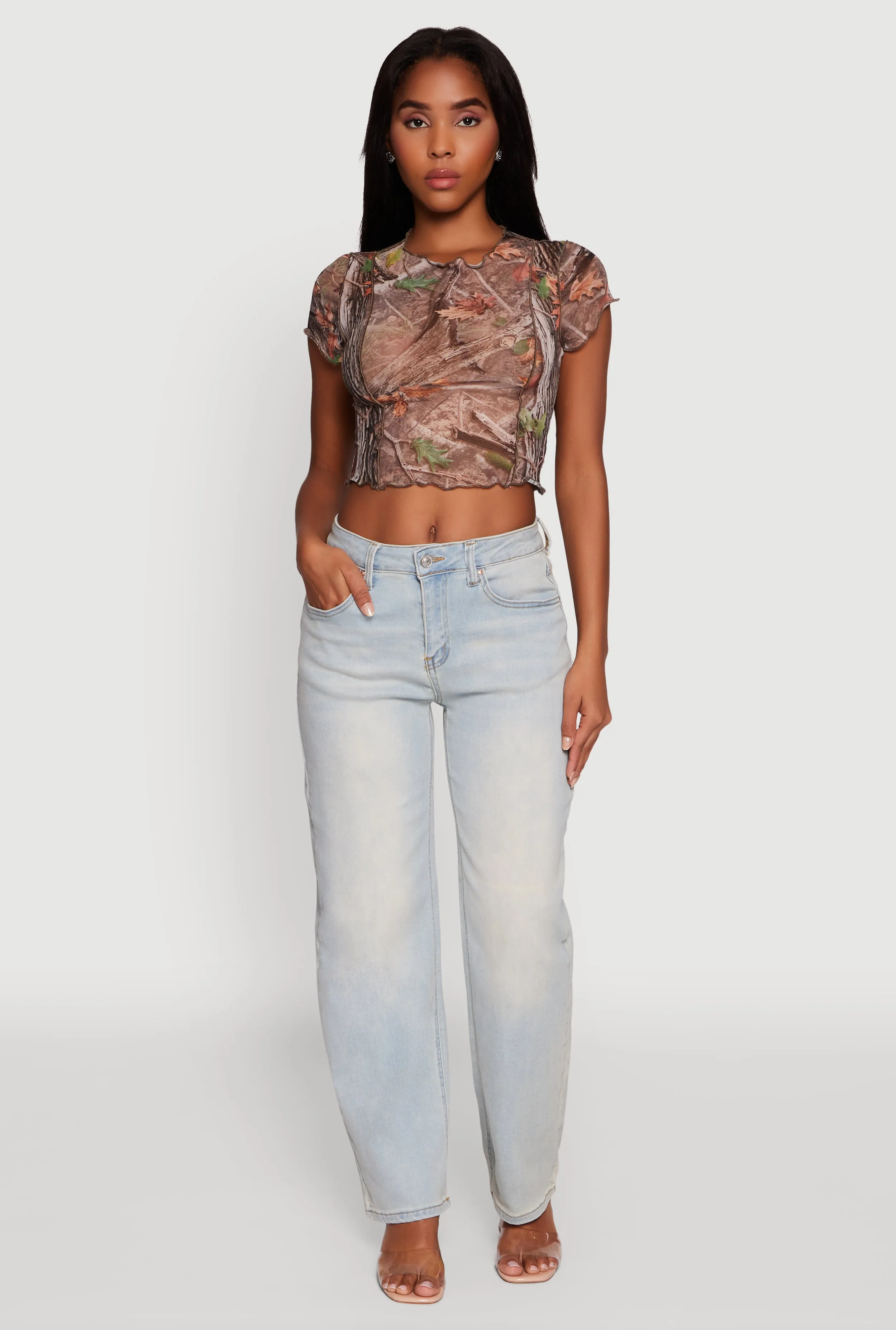 Luxurious Workout Gear Mesh Hunter Camo Print Crop Top