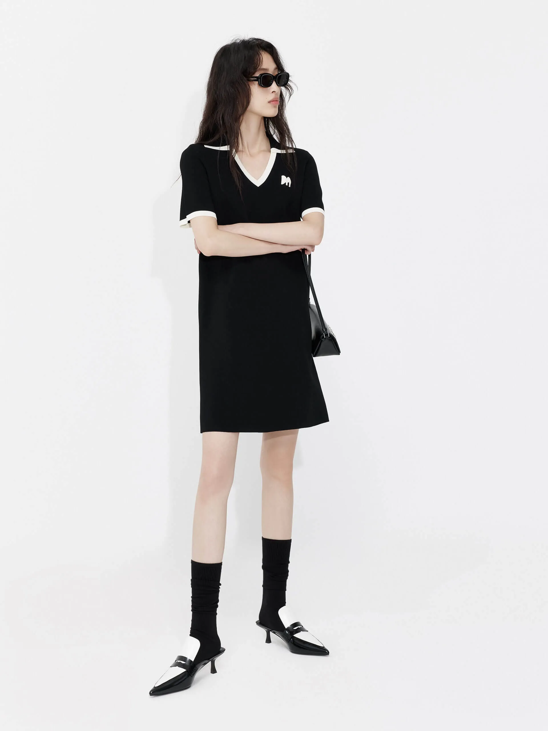 Layered Ruffle Accent Polo Collar Contrast Dress