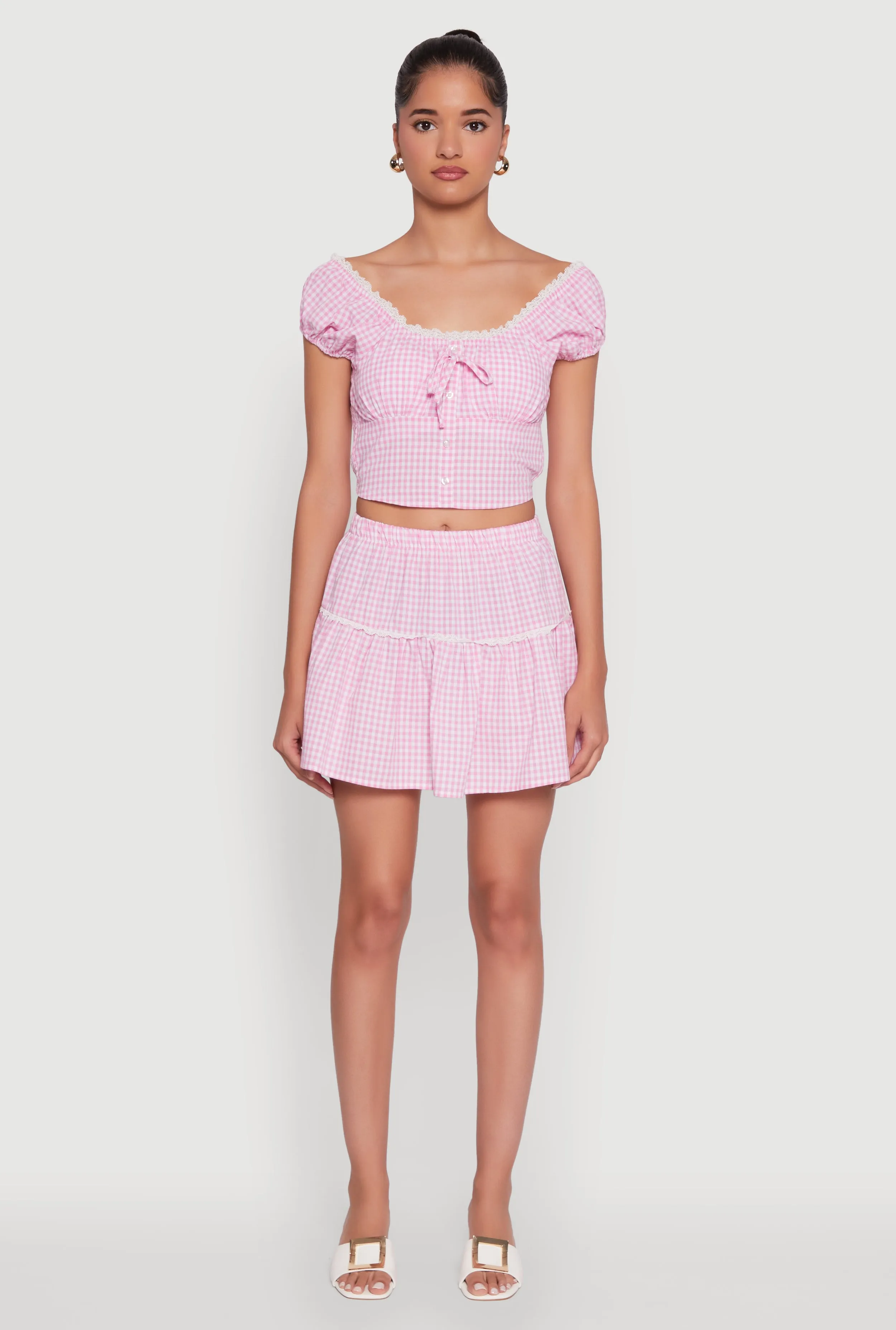 Gingham Lace Trim Tiered Mini Skirt Vibrant color