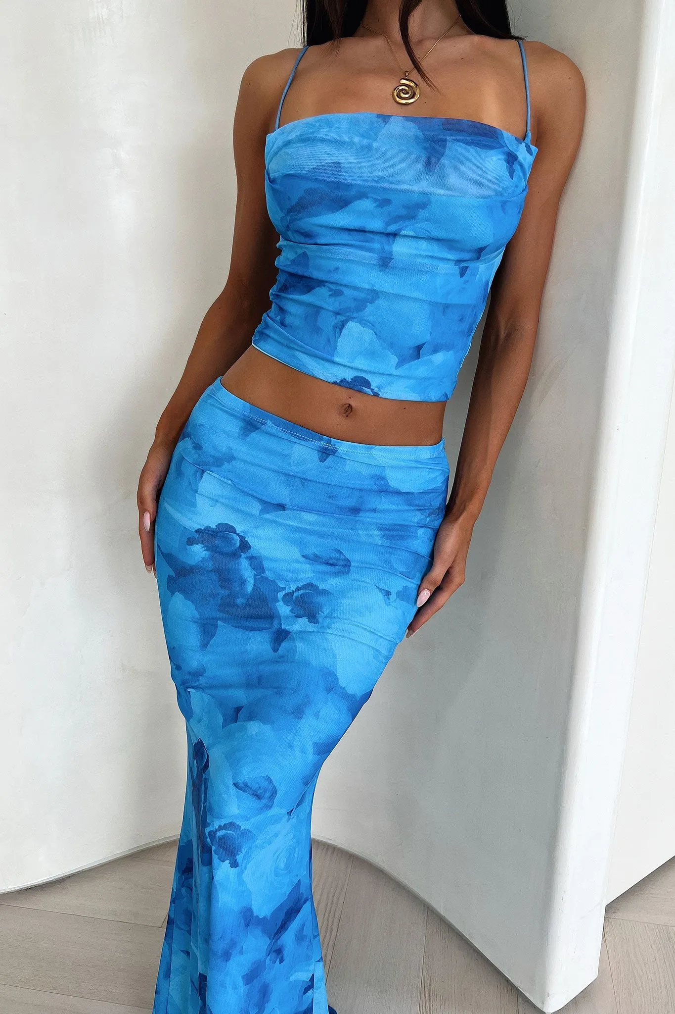 Foil Print personalized option Ryleigh Maxi Skirt - Blue Floral