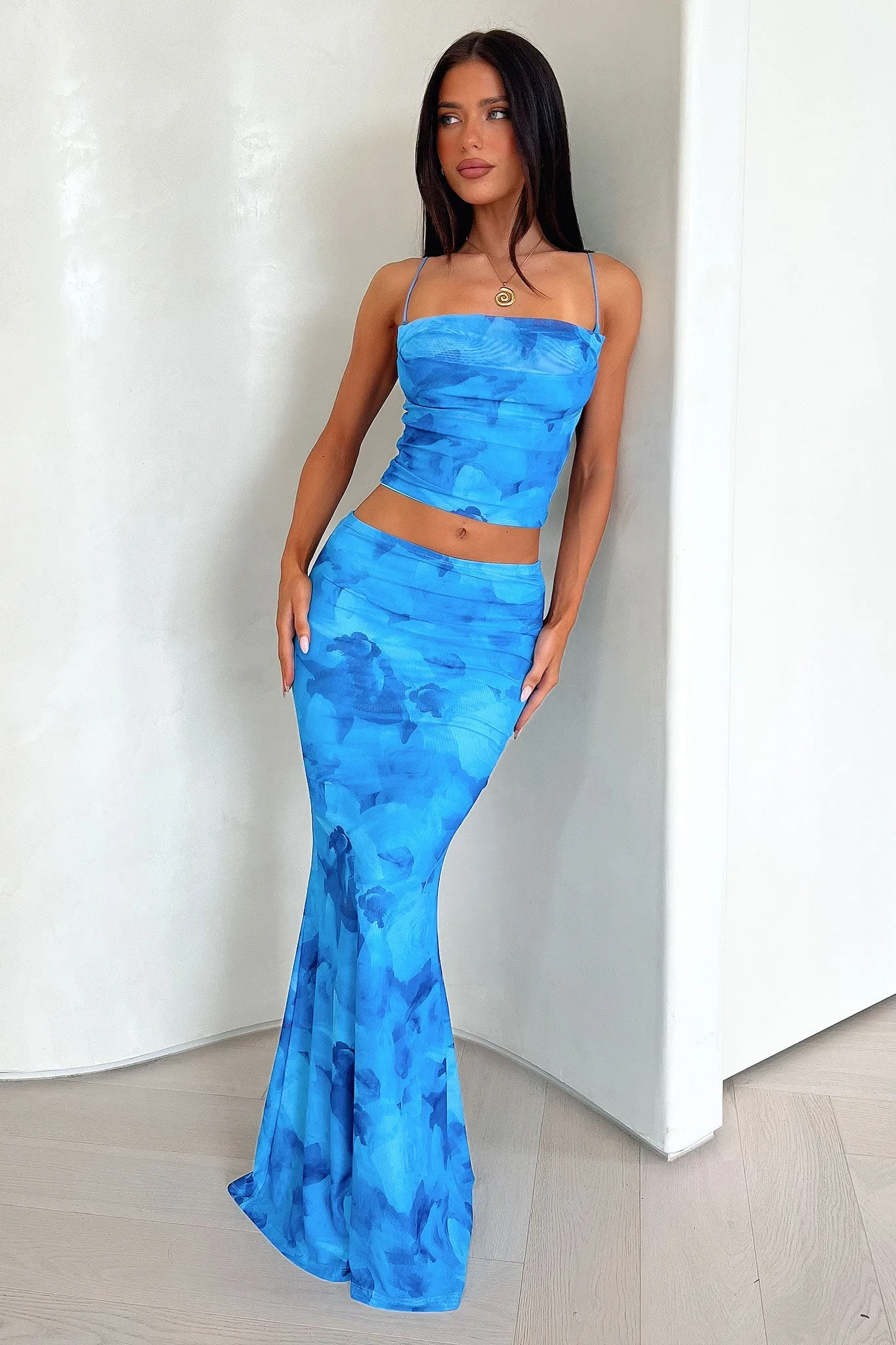 Ryleigh Maxi Skirt - Blue Floral Smooth Finish