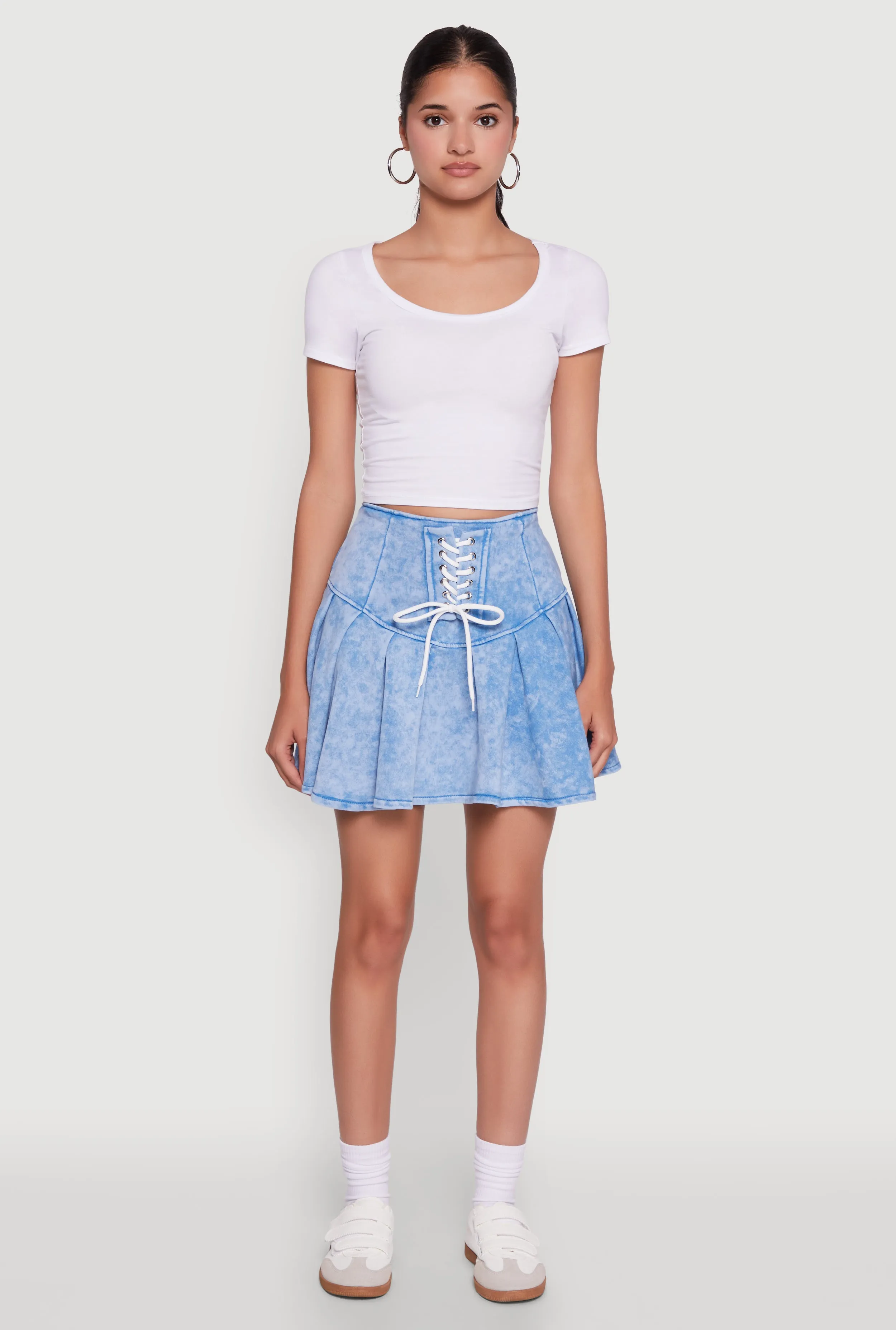 Secure Closure Crossback Strap Trendy Lace Up Detail Mineral Wash Pleated Skirt