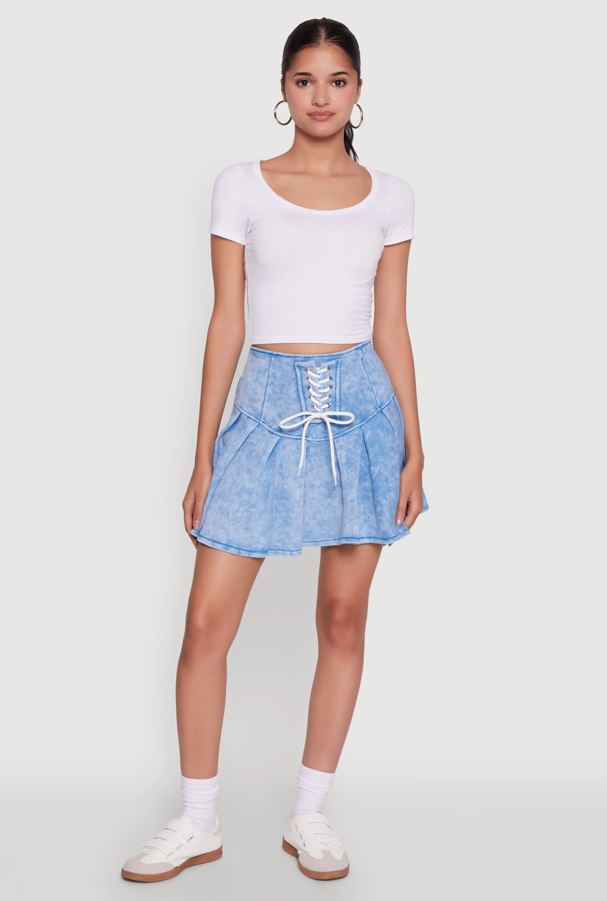 Hemp Blend Trendy Lace Up Detail Mineral Wash Pleated Skirt