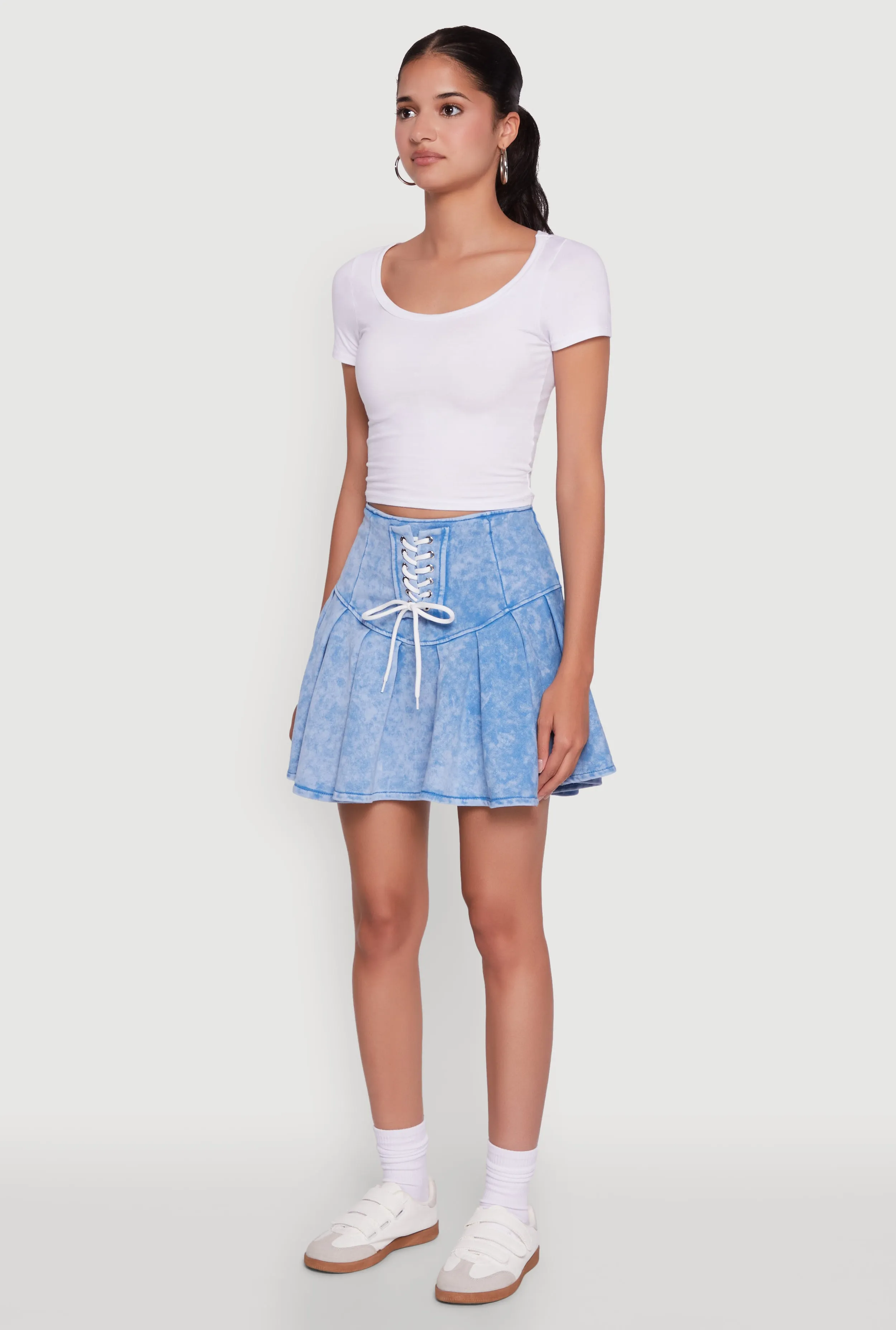 High Street Chic Trendy Lace Up Detail Mineral Wash Pleated Skirt