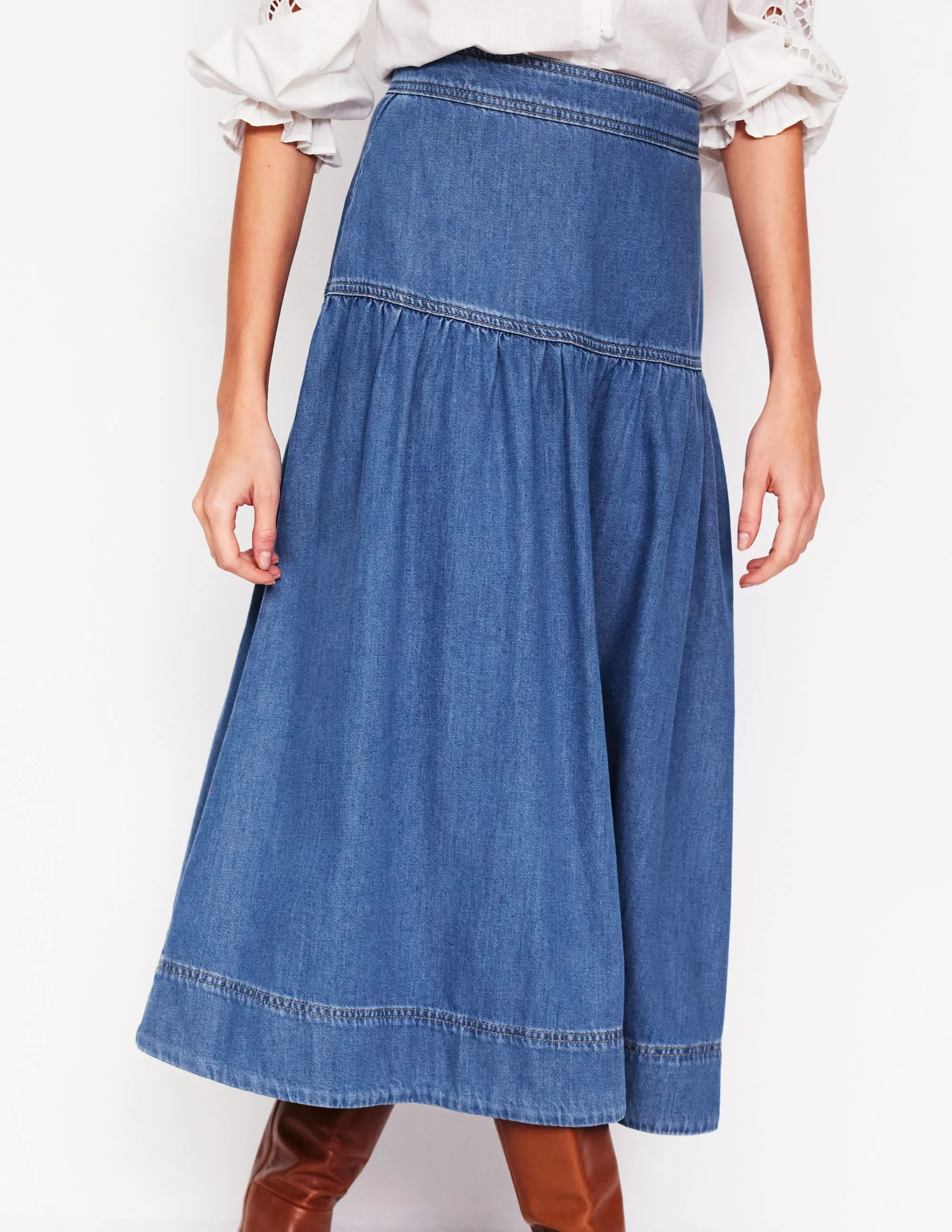 Yoke Detail Denim Midi Skirt-Mid Vintage Lightwear Look Chic Look