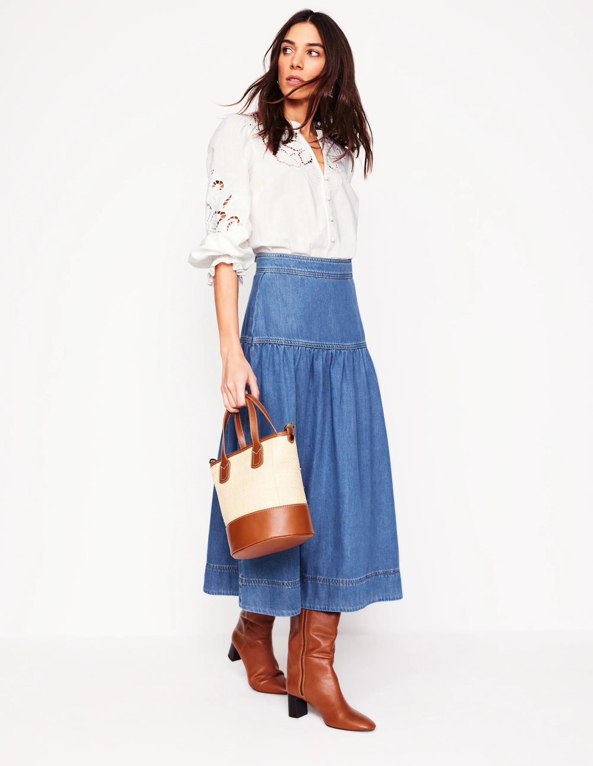 Yoke Detail Denim Midi Skirt-Mid Vintage Smooth Layer Front Slit