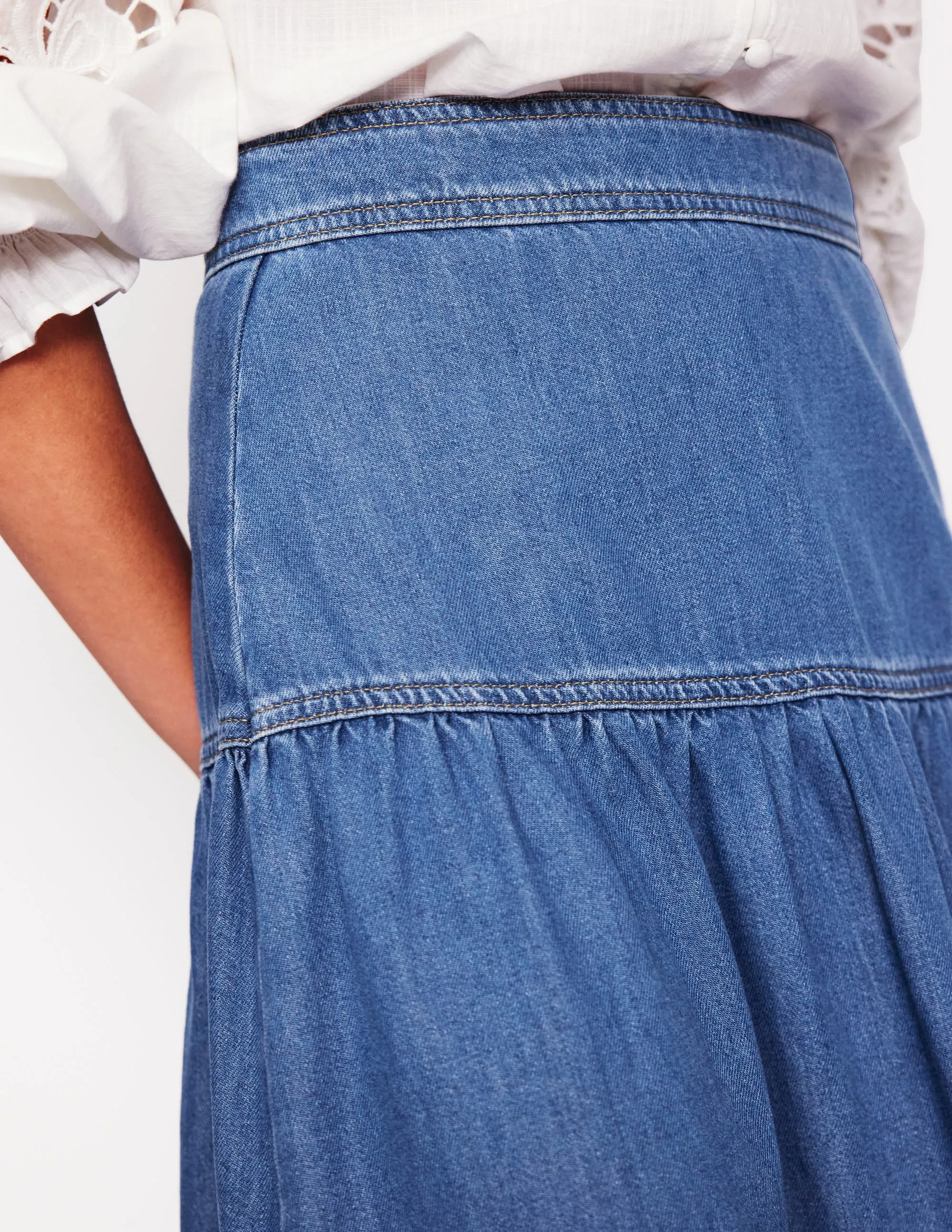 Handmade Item Date night Yoke Detail Denim Midi Skirt-Mid Vintage