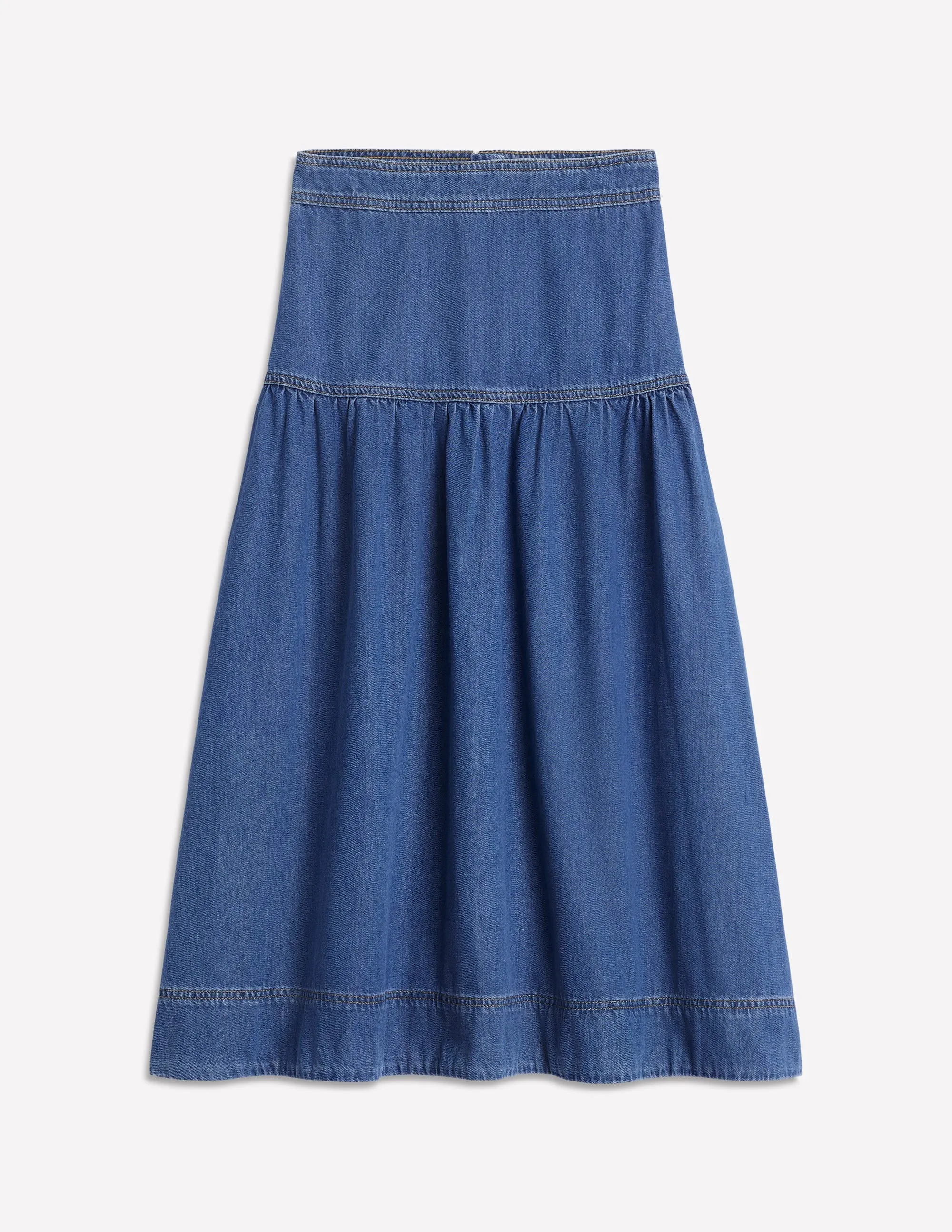 Embossed Detail Artisanal Craft Yoke Detail Denim Midi Skirt-Mid Vintage