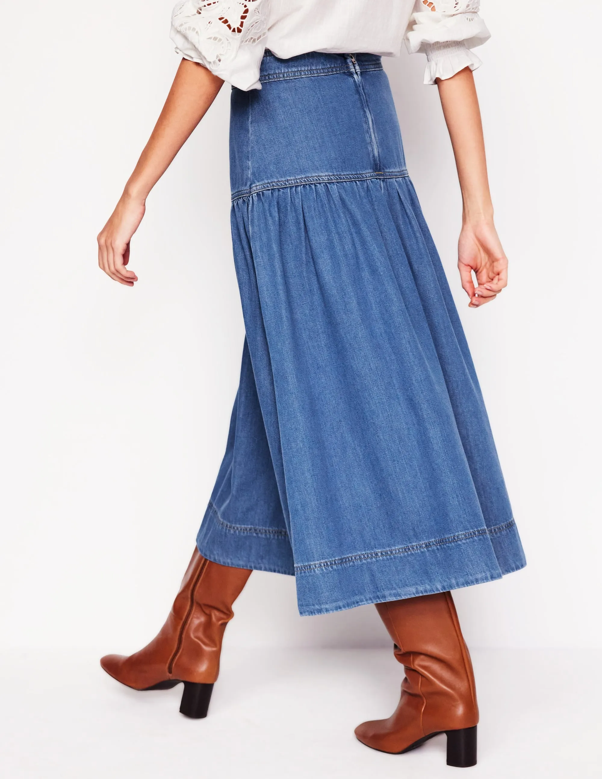 Yoke Detail Denim Midi Skirt-Mid Vintage Hidden pockets Custom made