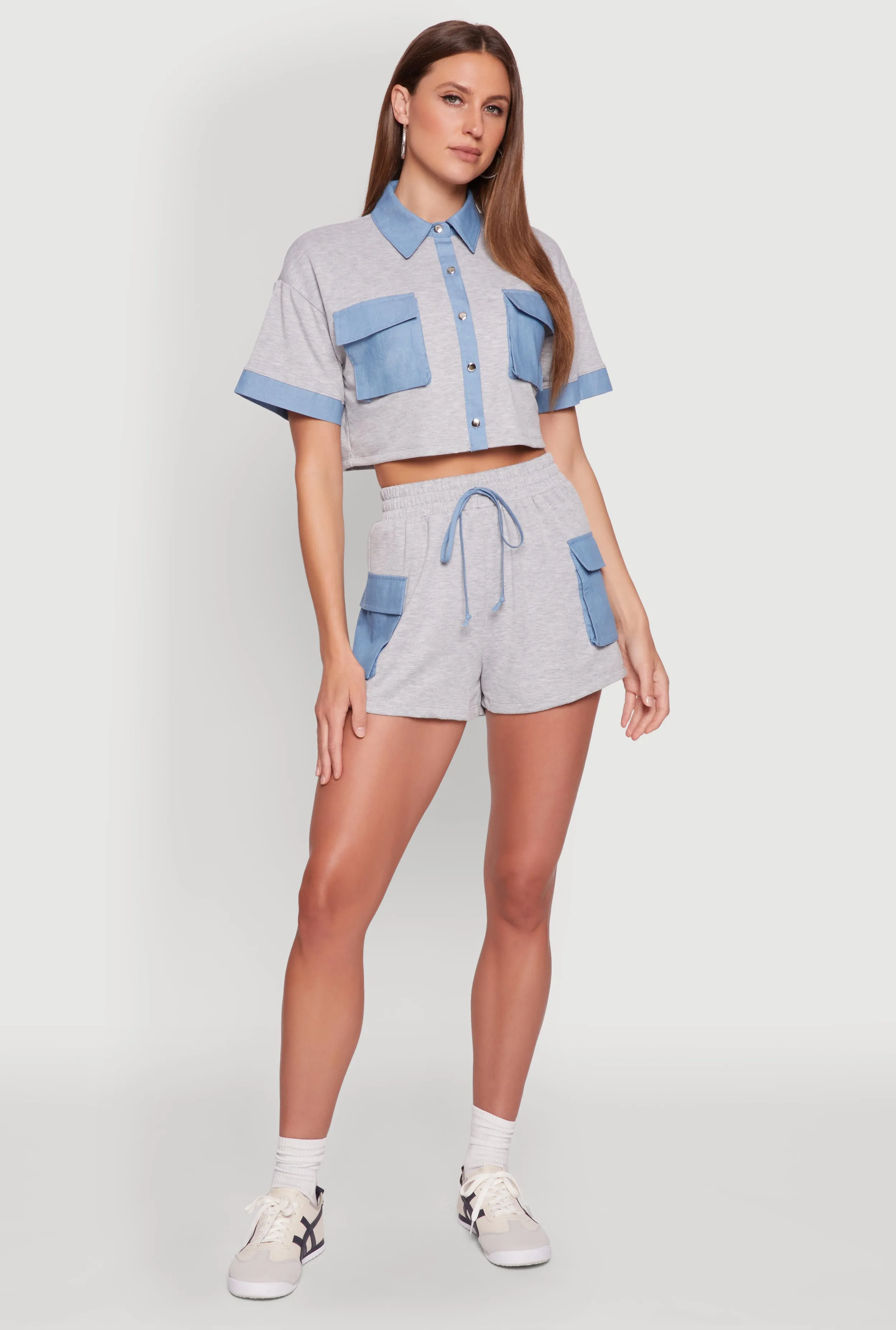 linen option Trendy Fashion Chambray Cargo Pocket Sweatshorts