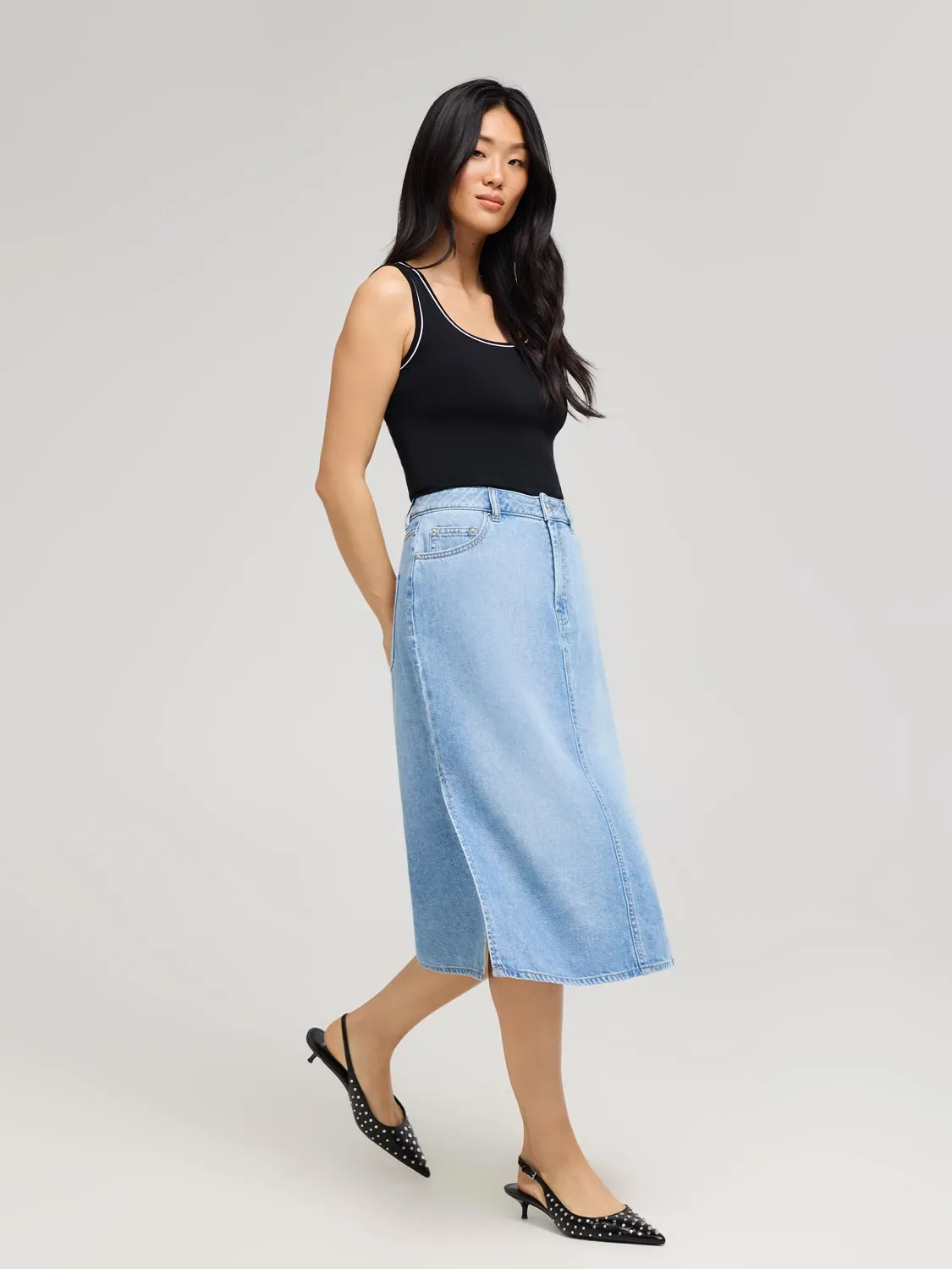 Long Cotton Denim Skirt Statement Color