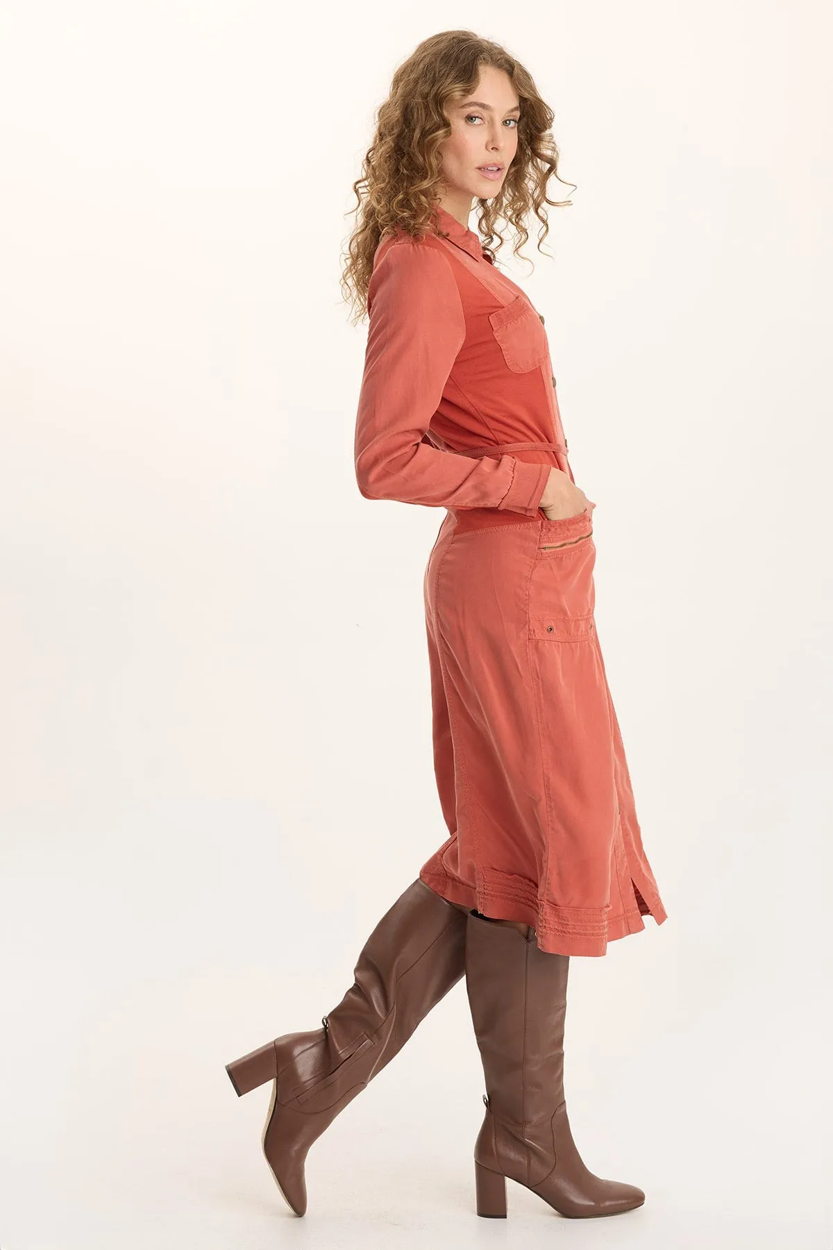 Oksana Twill/Jersey Snap-Up Midi Dress Picnic Fun