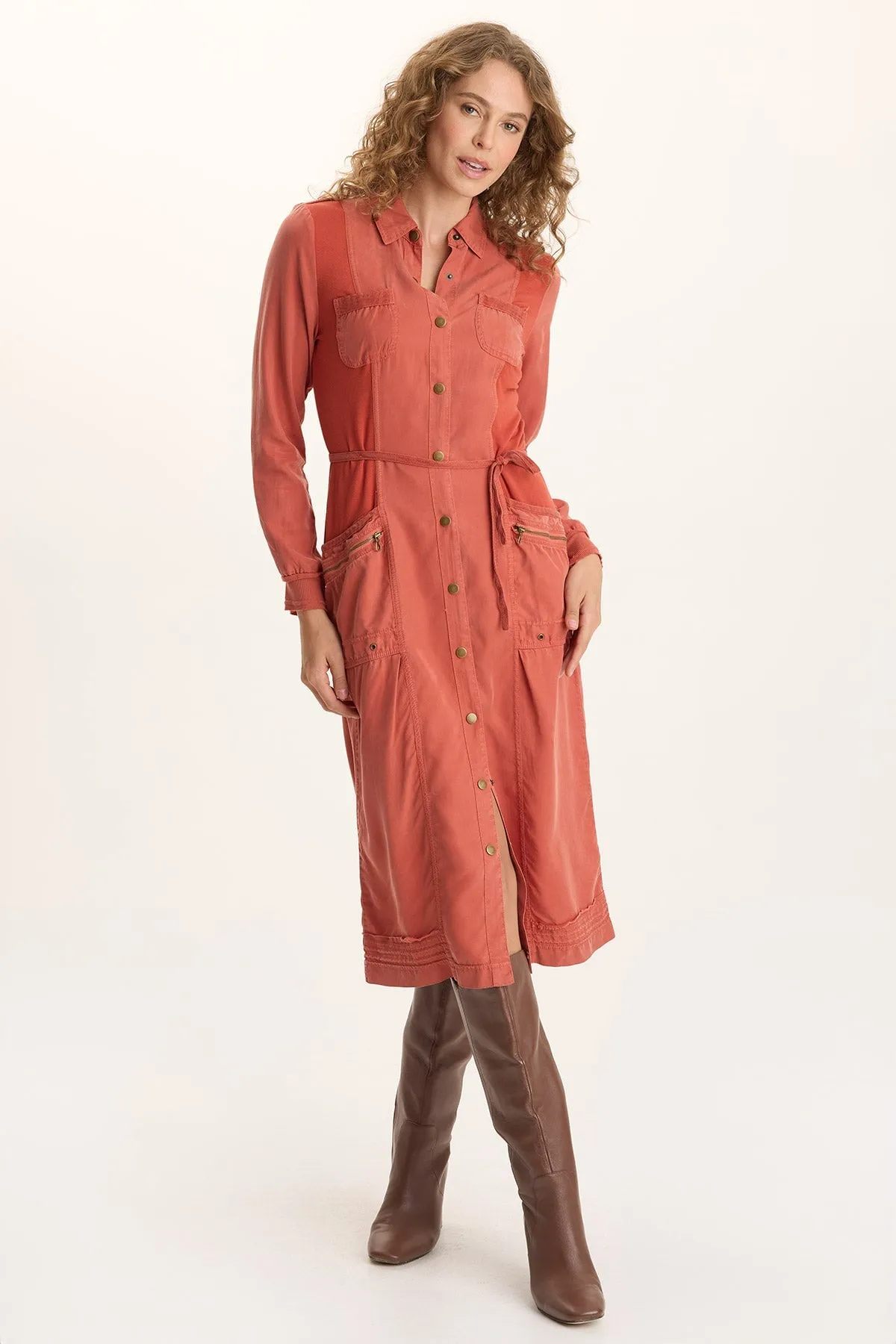 Oksana Twill/Jersey Snap-Up Midi Dress AntiPillFinish