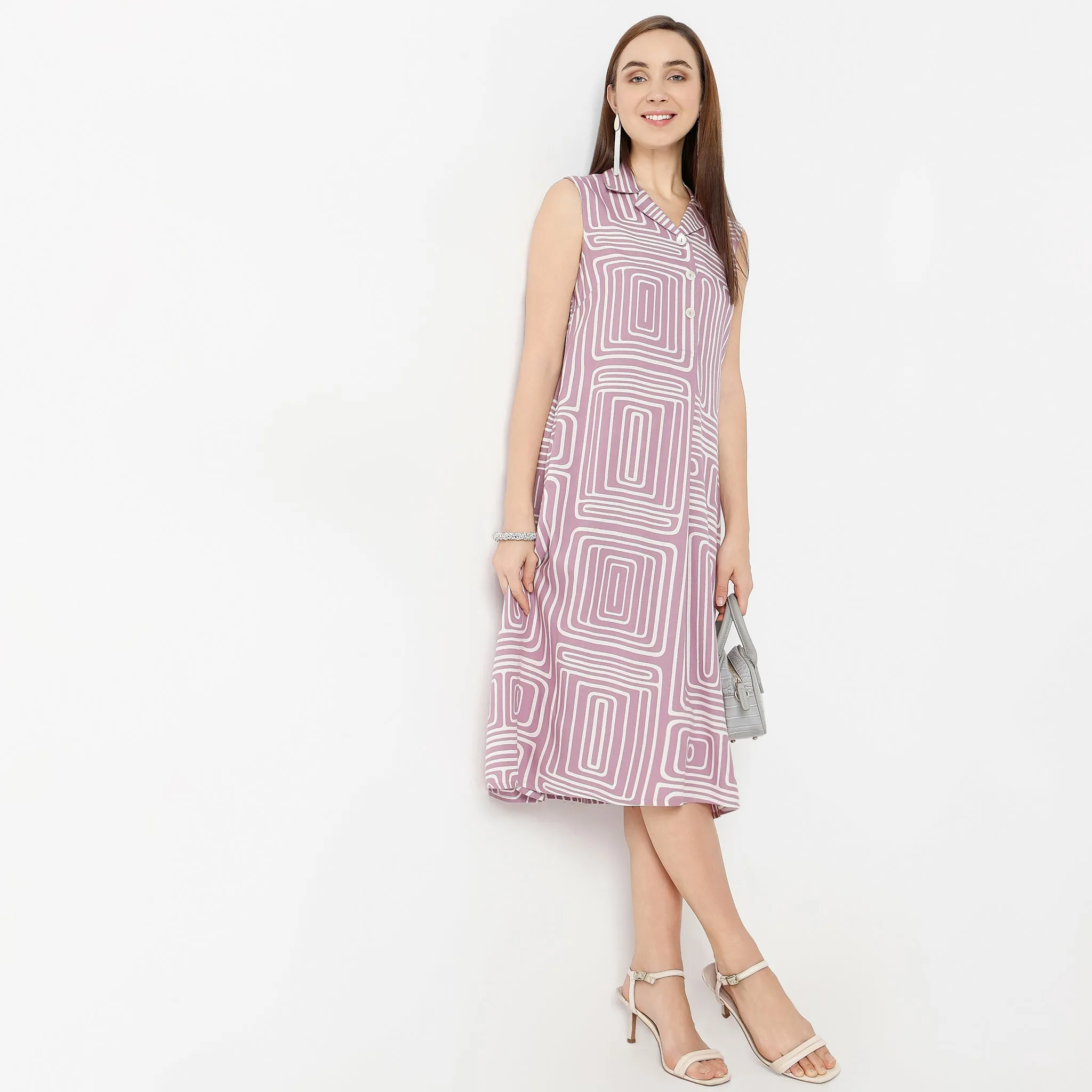 Organic Cotton Certification Flare Fit Lapel Collar Sleeveless Printed Dress