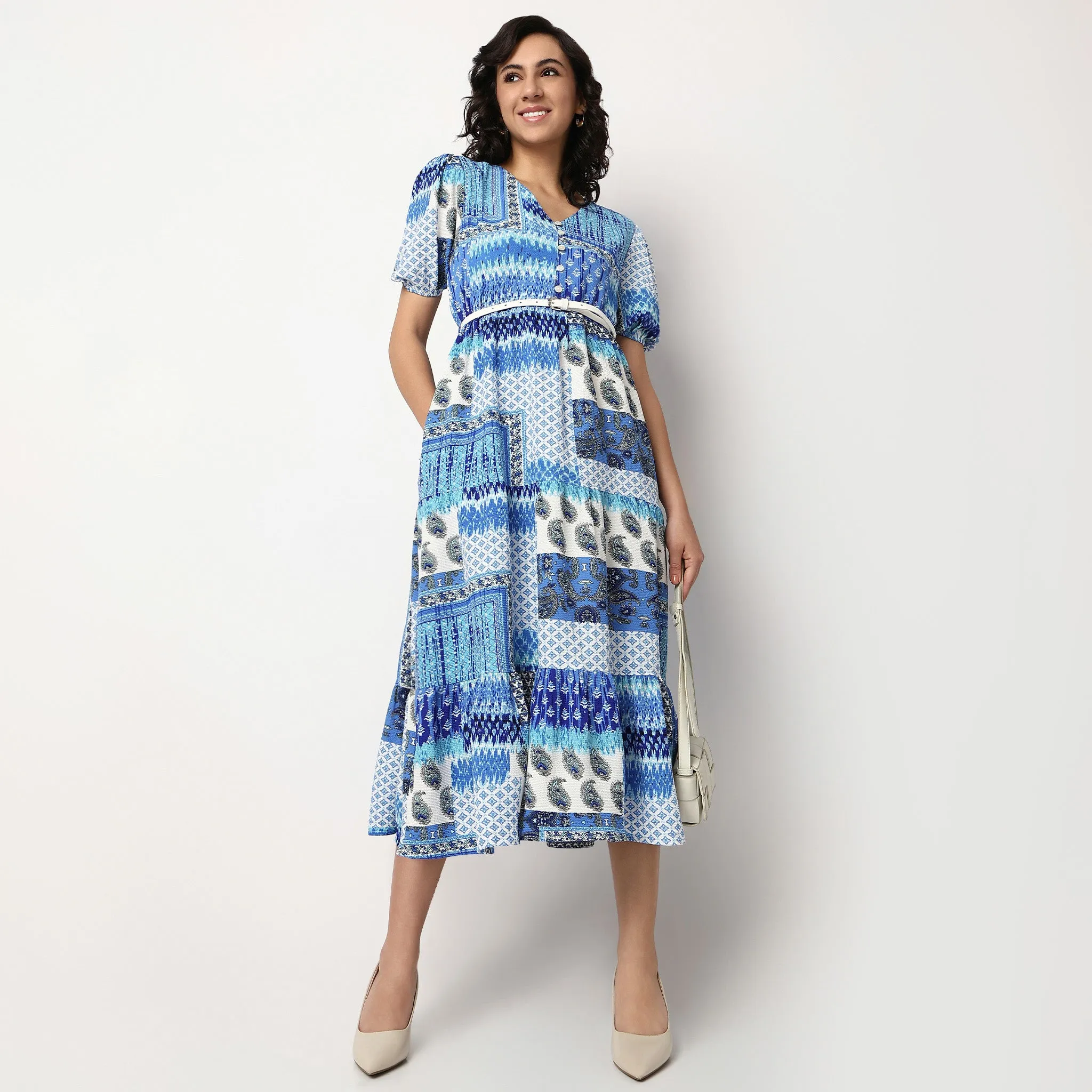 V-Neck Flared Tiered Dress With Belt NonRestrictive Cut