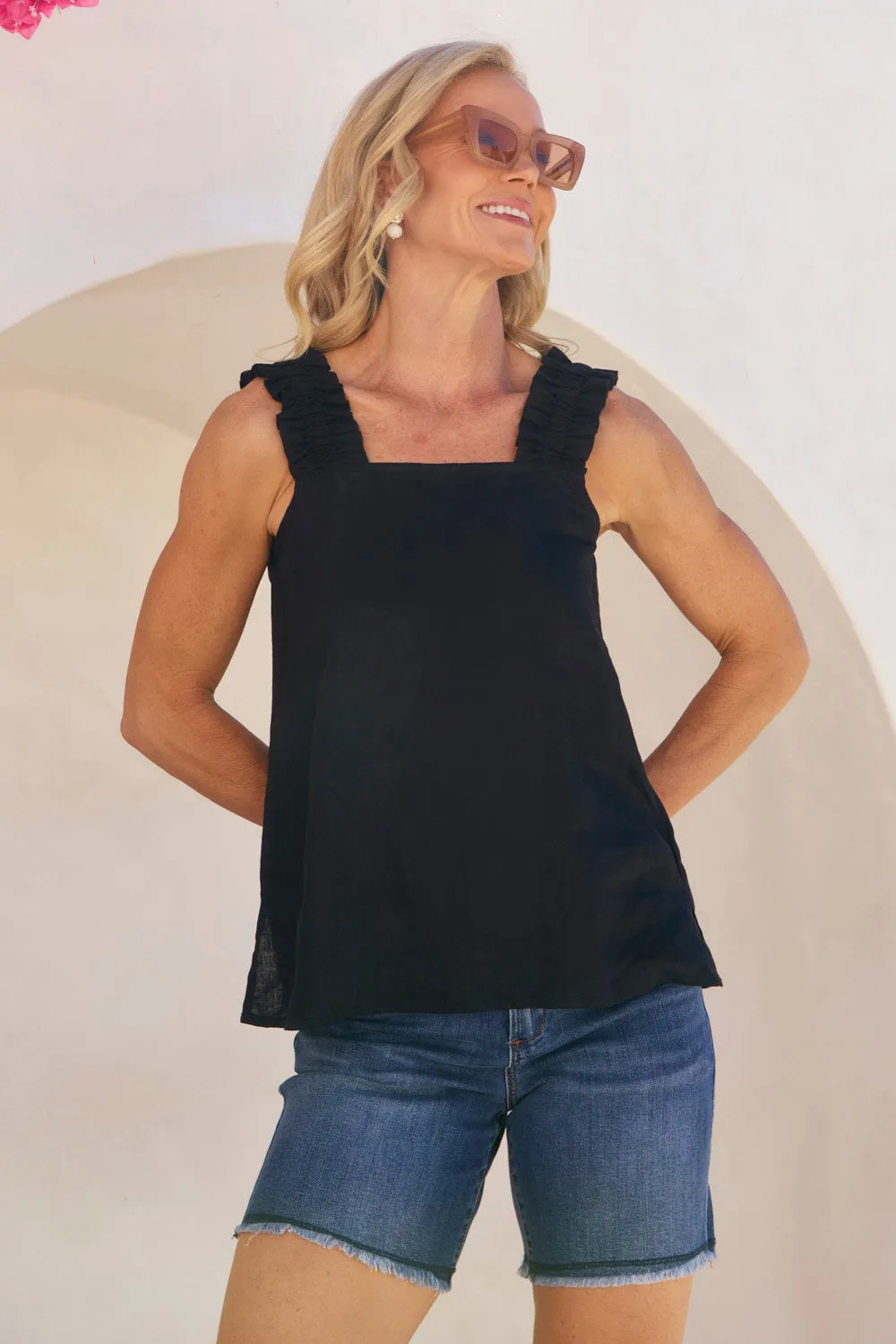 Claire Linen Summer Top in Black High Neckline Thermoregulating Material